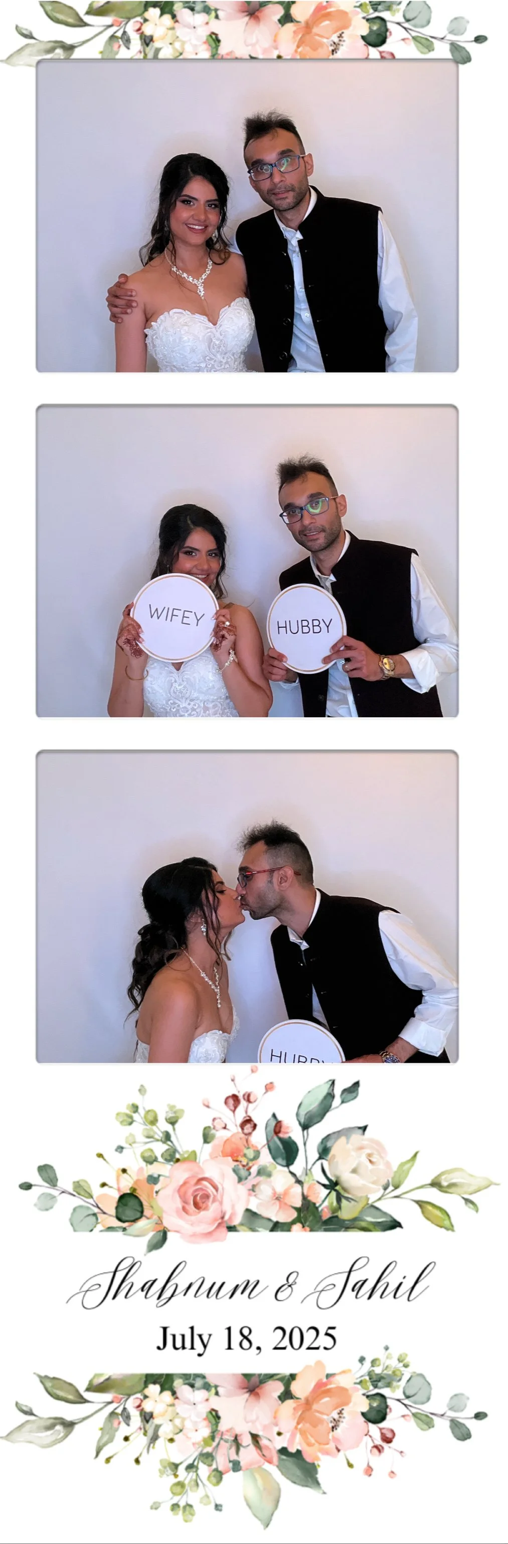 Photobooth pictures of a wedding couple at their wedding on July 18, 2025. The couple appears in three photos: in the first, they are standing happily together, the bride wearing a white lace wedding dress and the groom in a black vest; in the second