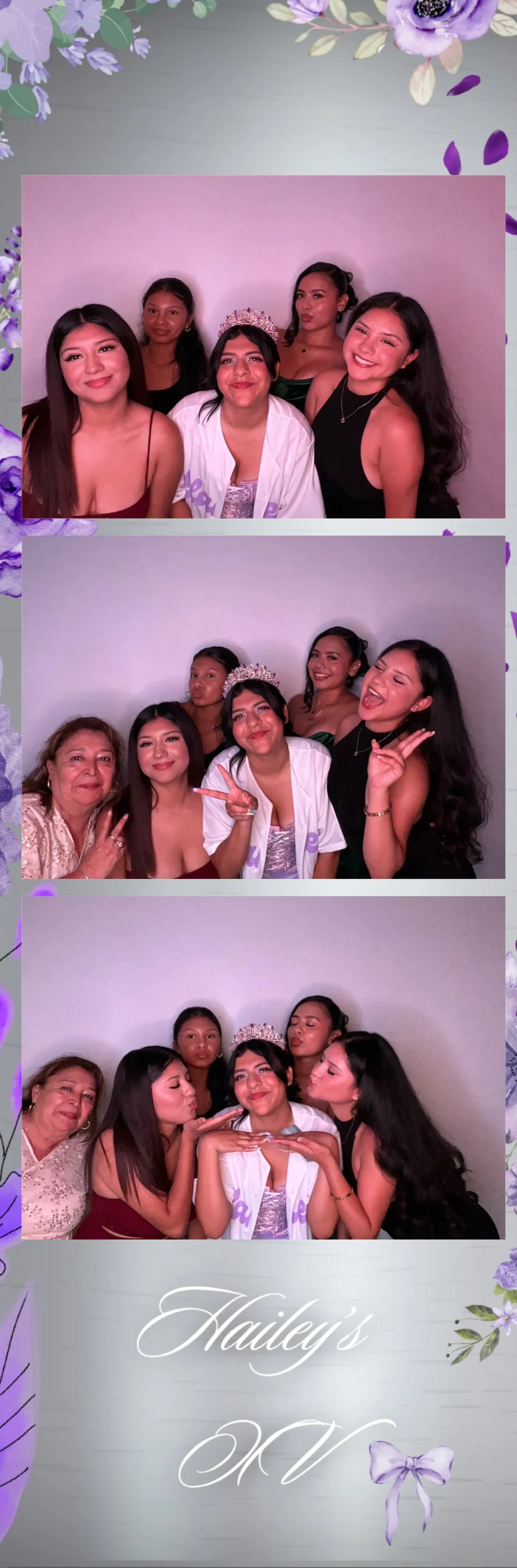 A strip of four photo booth pictures of five women celebrating a special occasion, with a purple floral border and a message that reads "Hailey's Day."