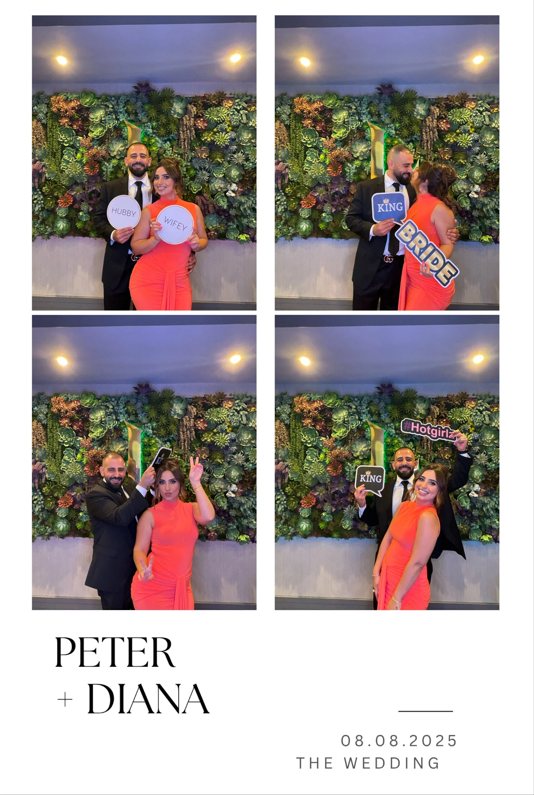 Wedding photo booth collage of a couple, with the bride in a coral dress and the groom in a suit, holding various signs that say 'Hubby Wifey', 'King', 'Bride', '#Hotgirlz', and others, against a green leafy wall backdrop, with text indicating their 