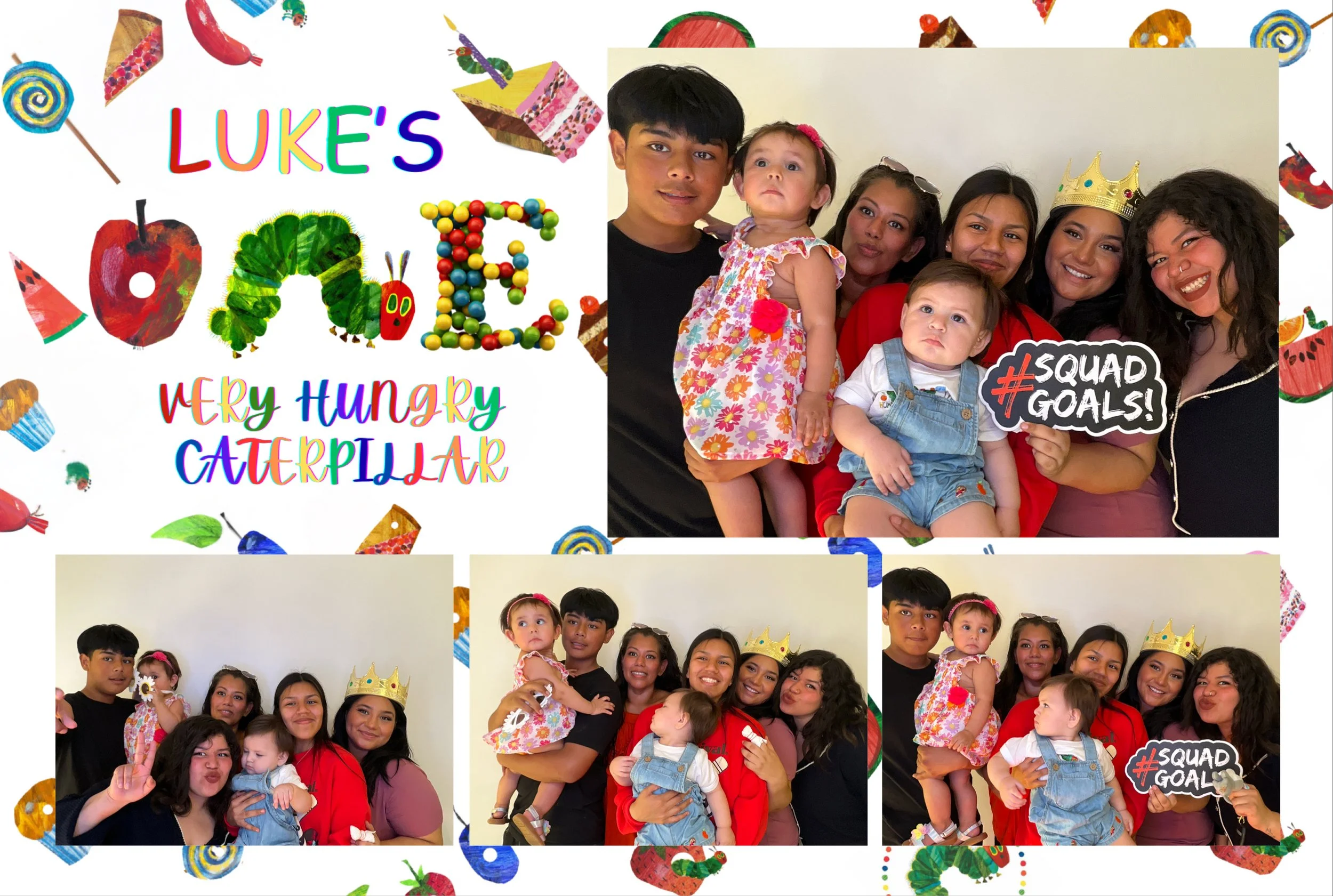 Collage of four photos from a birthday party with a colorful candy and treat decorated background. The text reads 'LUKE'S ONE VERY HUNGRY CATERPILLAR'. The photos show a group of people, including children and adults, posing together, some wearing a 
