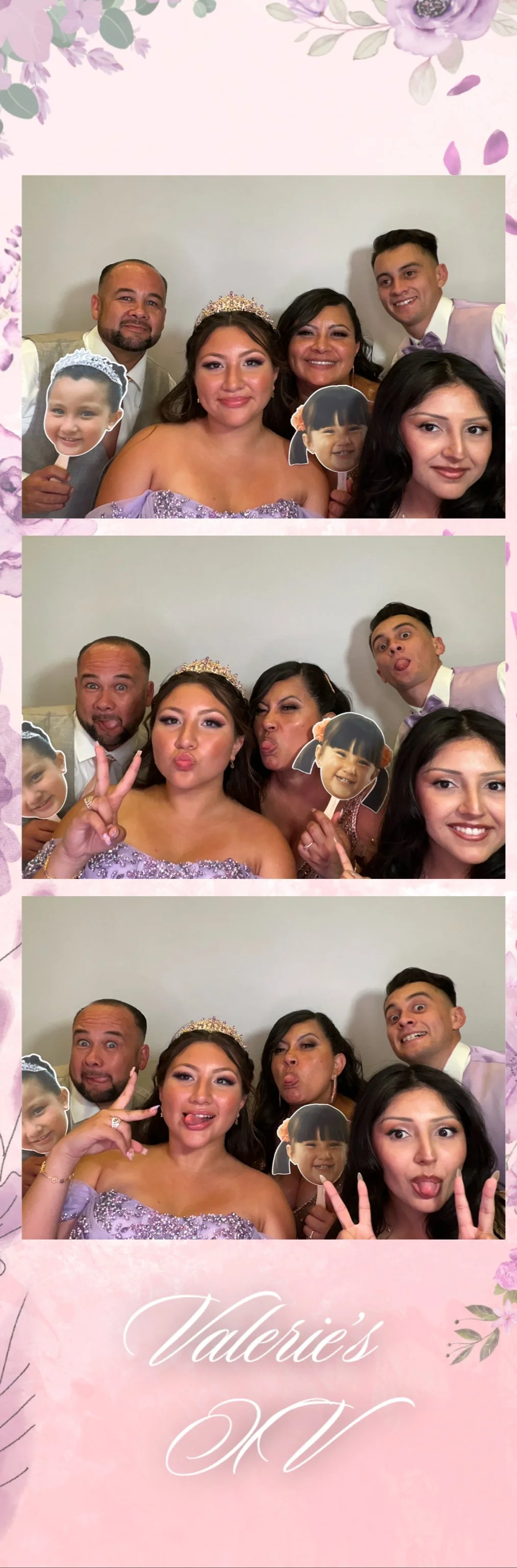 A series of three photo booth pictures of a group of people celebrating a special event, with a pink floral border and the text "Valerie's V" at the bottom.
