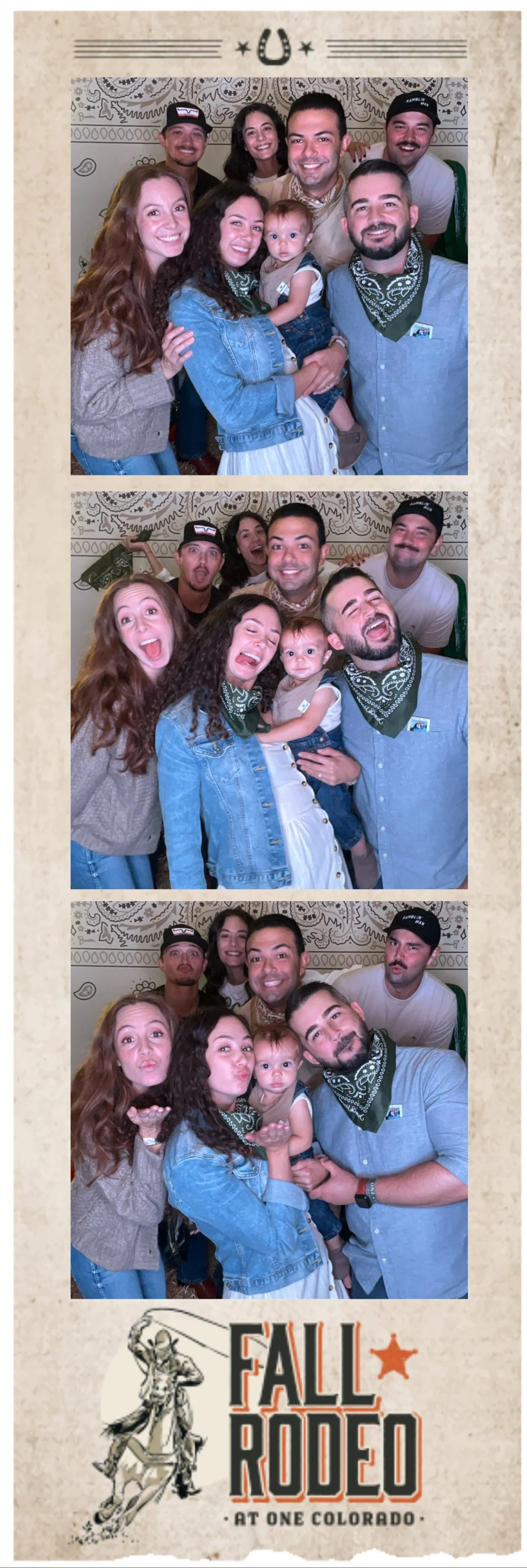A group of seven people and a baby taking three fun photo booth pictures at a Fall Rodeo event at One Colorado. They are smiling, making silly faces, and blowing kisses in a decorated backdrop with the event logo at the bottom.
