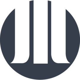 A black circular logo with stylized, abstract letter shapes inside.