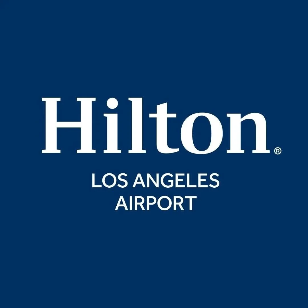 Hilton Los Angeles Airport logo with blue background and white text.