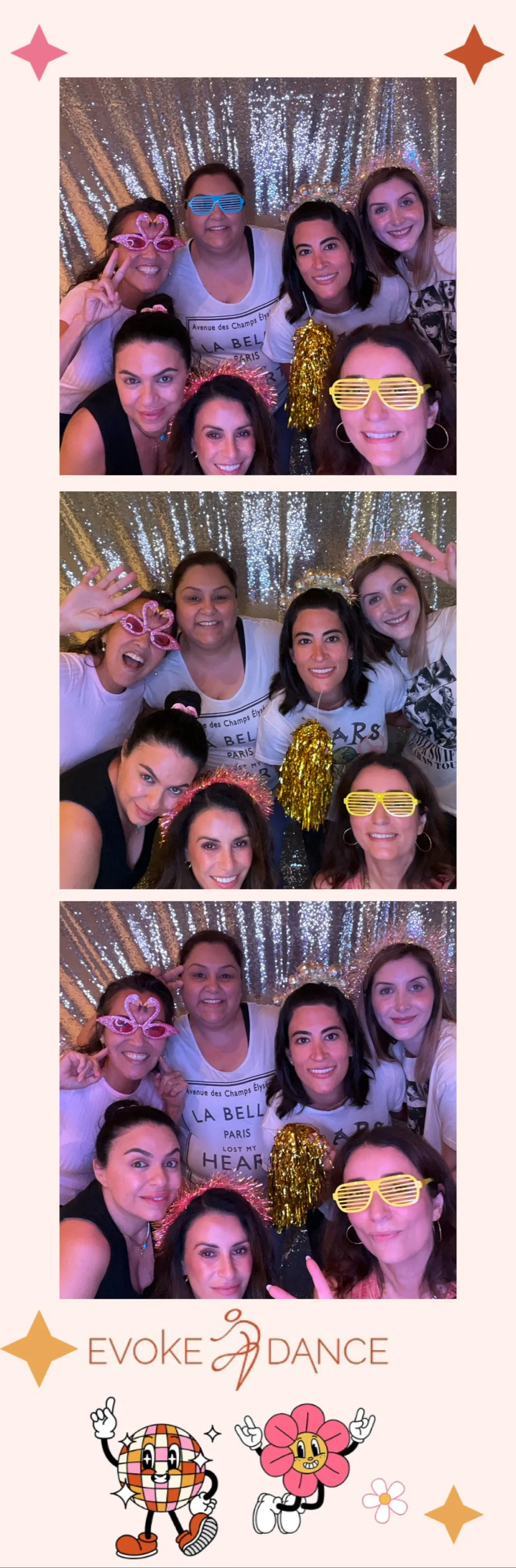 Two photo booth strips showing a group of women wearing fun glasses and accessories, with a sparkly gold backdrop. The group is smiling, making peace signs, and having fun at an event called 'Evoke Dance'.