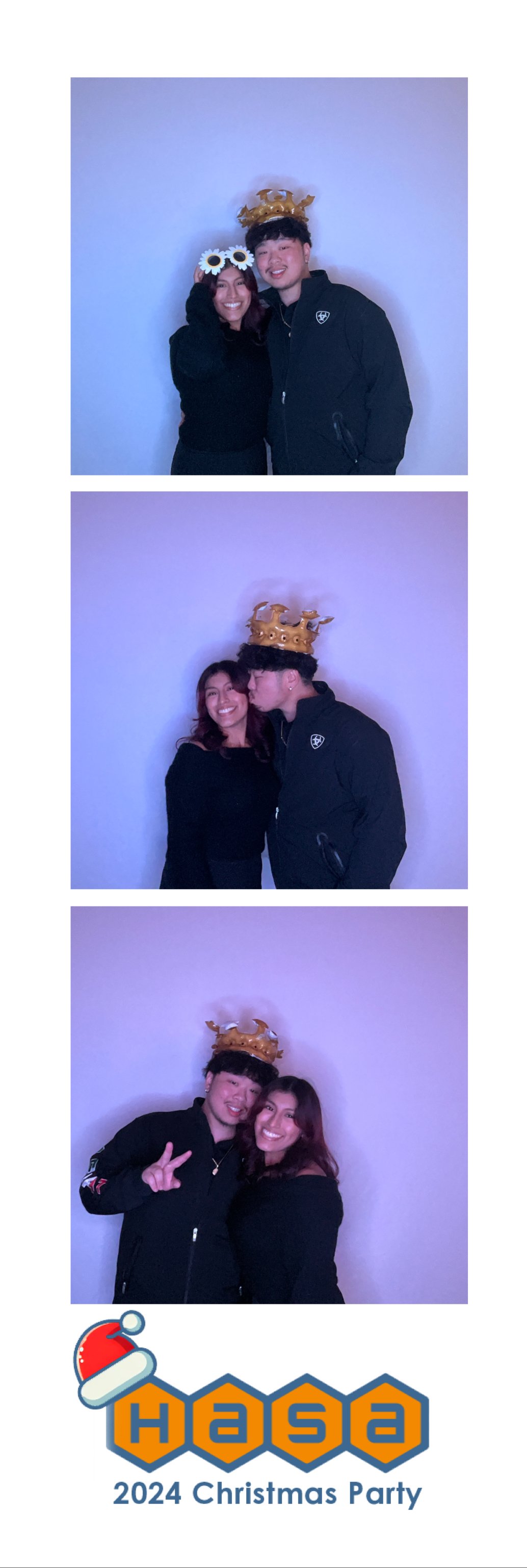 Photo strip from the 2024 Christmas party showing a young man and woman in black clothing wearing a gold crown prop and a daisy-shaped glasses prop, smiling and posing together, with one image showing a kiss on the cheek. The bottom includes a Christ