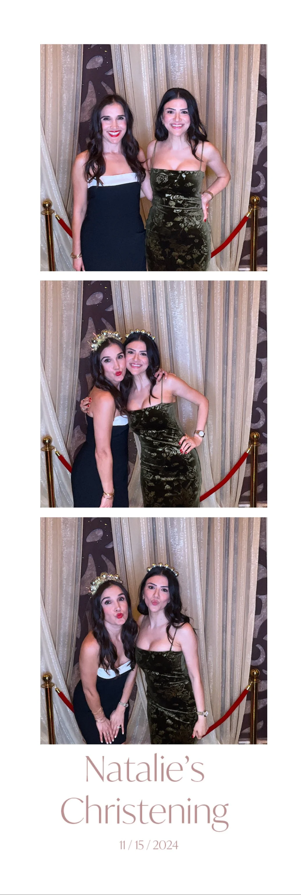 Three women at a christening event, wearing elegant dresses and accessories, posing for photos in front of a decorated backdrop with gold curtains and velvet stanchions. The bottom of the image features text that reads "Natalie's Christening" with th