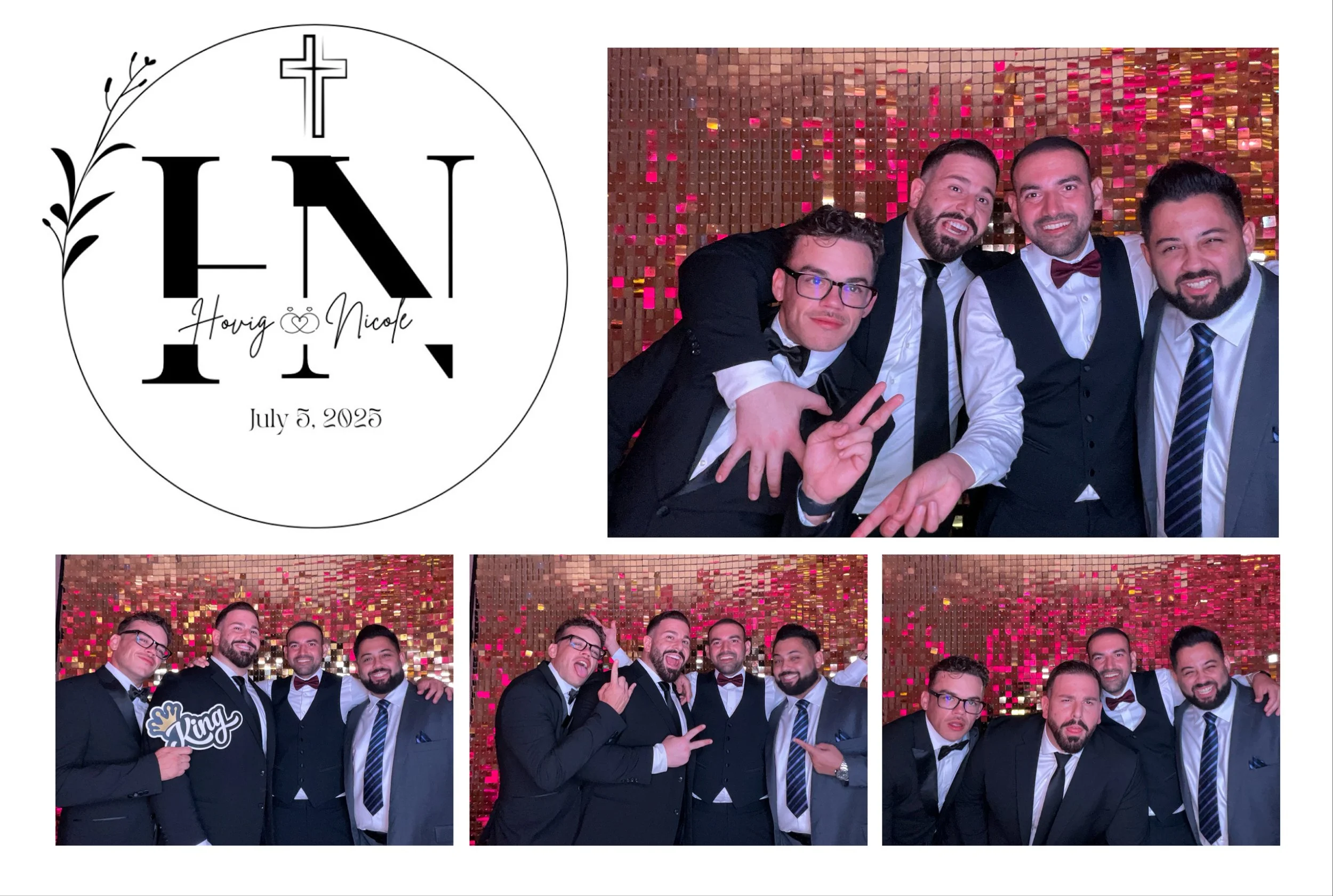 A collage from a wedding reception featuring a logo with a cross, the initials L and N, and the names Horing and Nicole with a date of July 5, 2025. The collage includes five photos of four men dressed in formal suits and ties, posing and making play