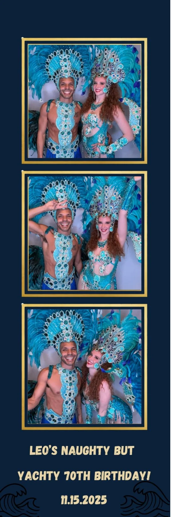 Photo booth strip featuring a man and a woman in elaborate blue and turquoise carnival costumes with feathers and jewels, at Leo's 70th birthday party on November 15, 2025.