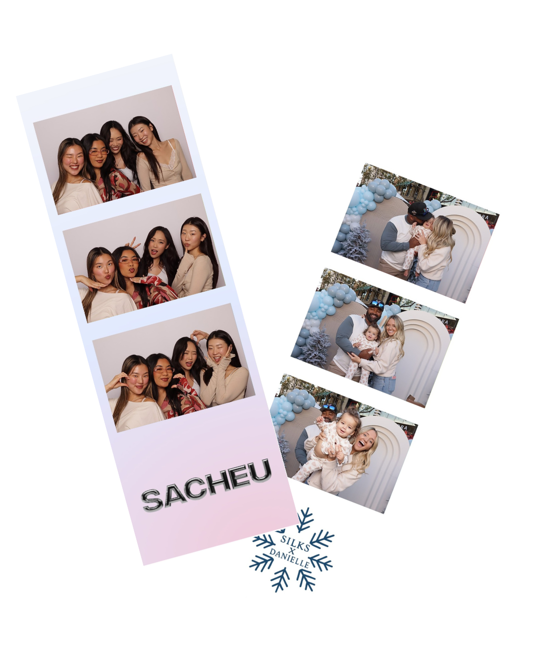 Photo booth strip with pictures of four women at a party, with the name "SACHEU" at the bottom, and a second strip with three photos of a family with a baby at a celebration decorated with blue balloons and snowflake motifs.