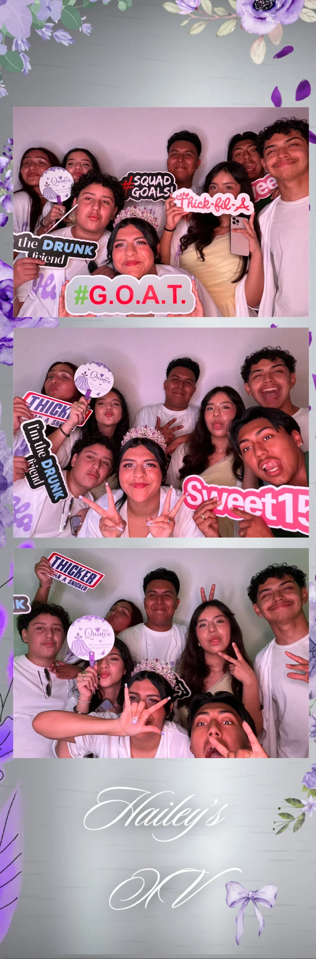 Group of young friends in a photo booth with props, celebrating at a quinceañera with floral decorations and a sign that reads 'Hailey's XV'.
