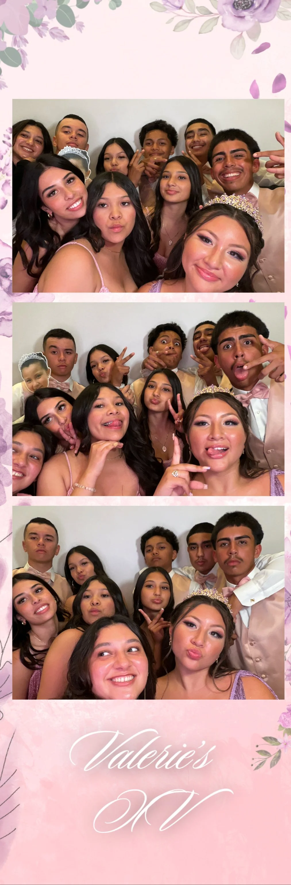 Three photo booth strips showing a group of young people at a celebration, with a pink floral border and the word "Valerie's" at the bottom. The top strip features smiling and playful poses, the middle strip shows exaggerated funny faces and gestures