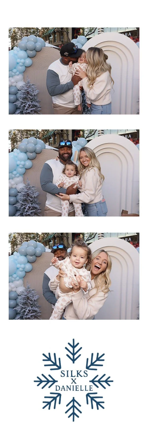 A three-part photo strip featuring a family at a holiday event. In the first photo, a man and woman hold a smiling baby, kissing her cheeks, against a festive backdrop with balloons and a small frosted tree. In the second photo, the man and woman smi