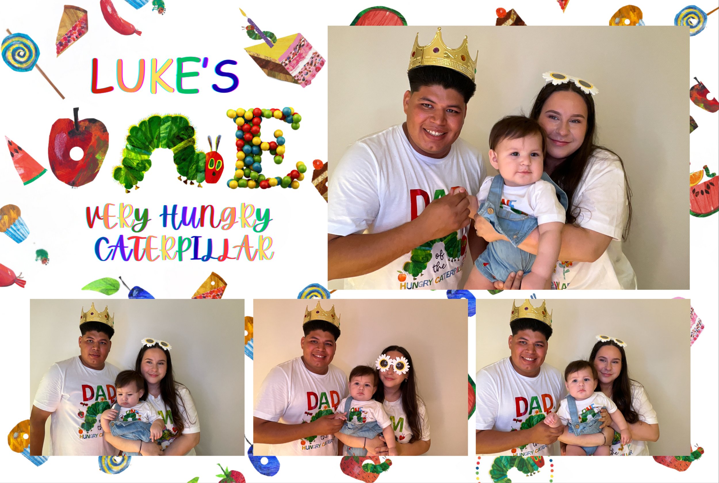 Collage of photos from a birthday celebration of a young child named Luke, featuring a family with a man, a woman, and a toddler, all wearing themed T-shirts and birthday accessories, with colorful candies and cake illustrations in the background. Th