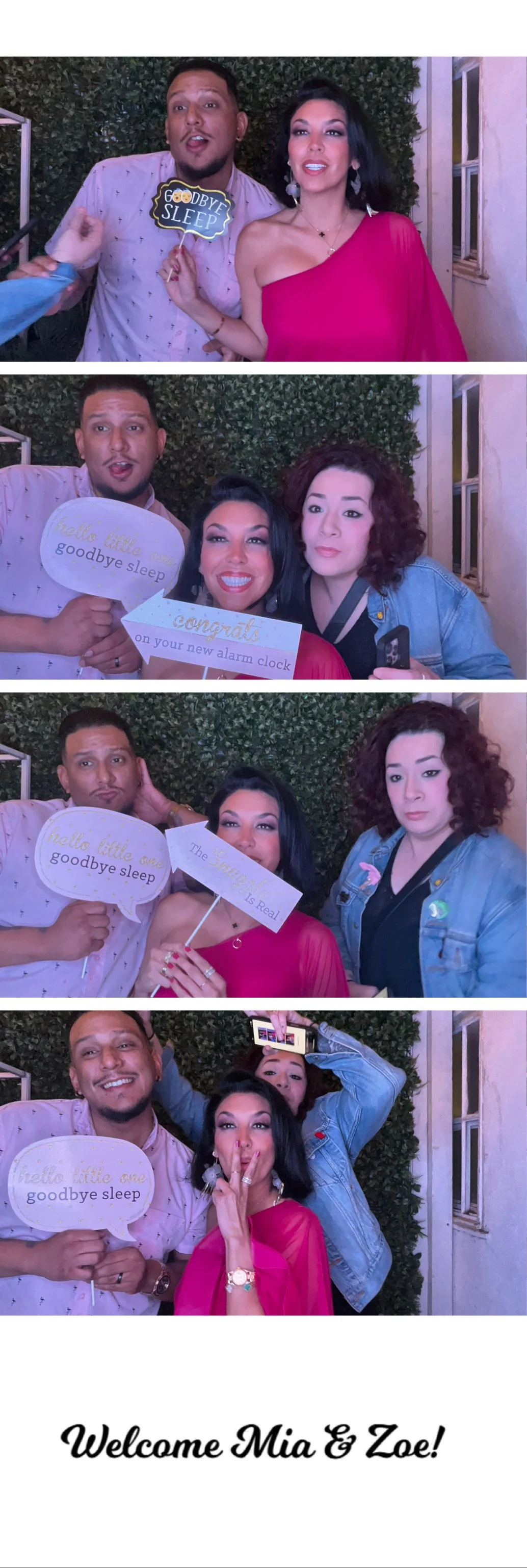 A group of friends celebrating at a farewell party. They are holding signs with messages like 'Goodbye sleep,' 'Hello little one,' and 'The sun is real.' The background is a greenery wall, and at the bottom, a welcome message reads, 'Welcome Mia & Zo