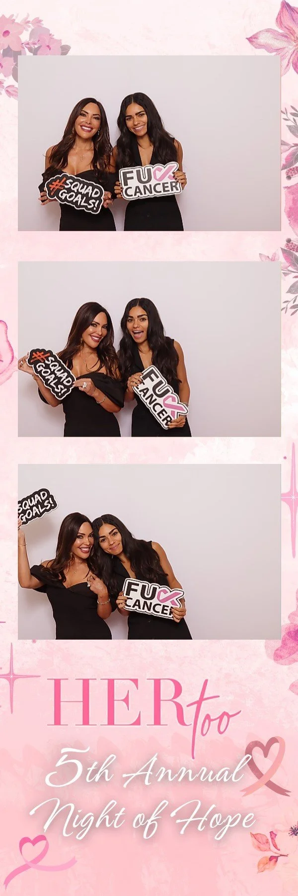 Three photo booth images of two women at an event, holding signs with supportive messages for breast cancer awareness, with pink floral and heart graphics and text reading "HER to 5th Annual Night of Hope."