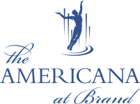 Logo of 'The Americana at Brand' with a stylized figure of a woman in a dress and text in blue.