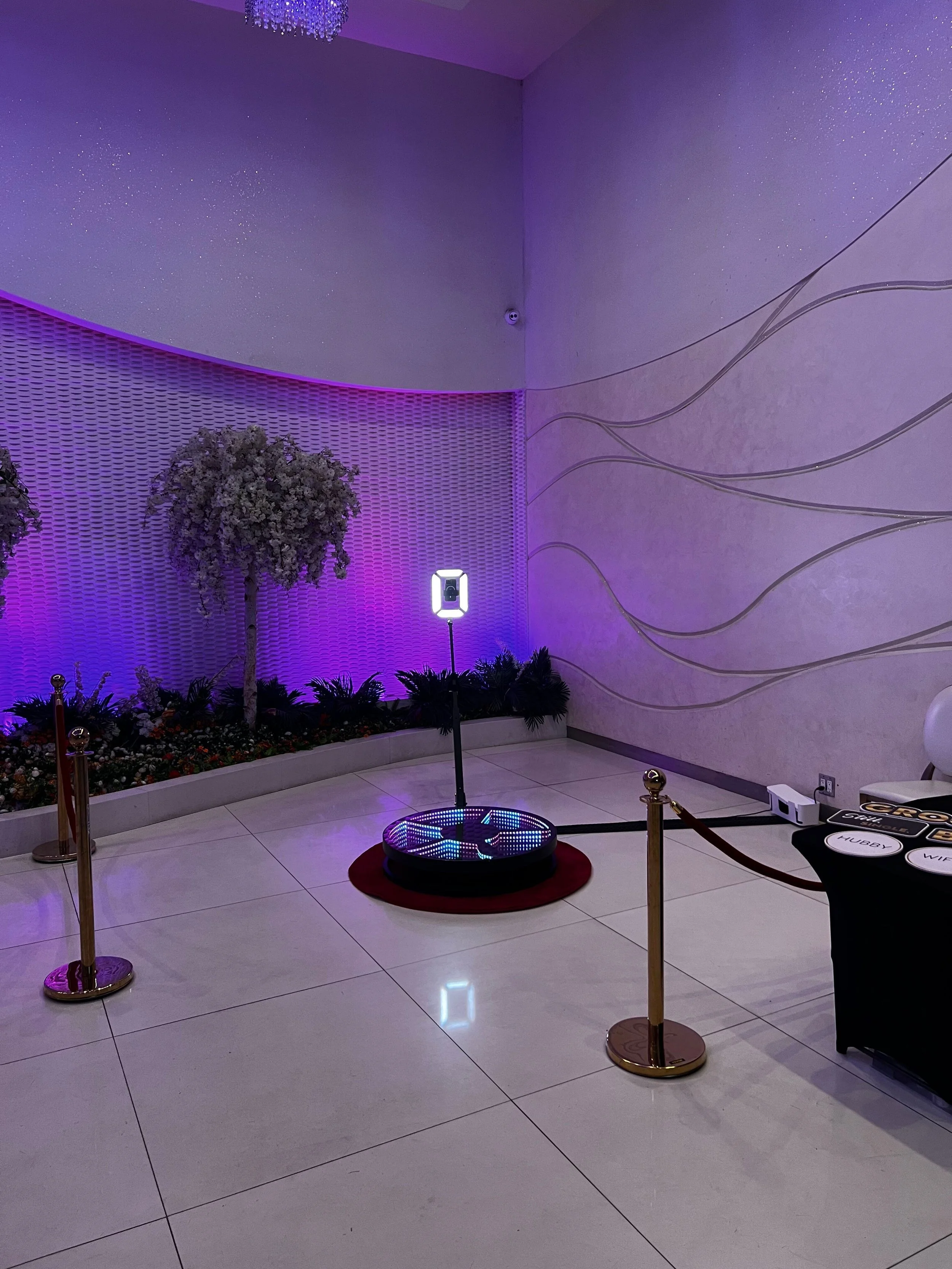 Indoor room with a ghost-hunting game setup featuring a circular platform with a pole, surrounded by velvet ropes and stanchions, purple lighting, artificial plants, a wall with wavy designs, and a white chair with a table attached.
