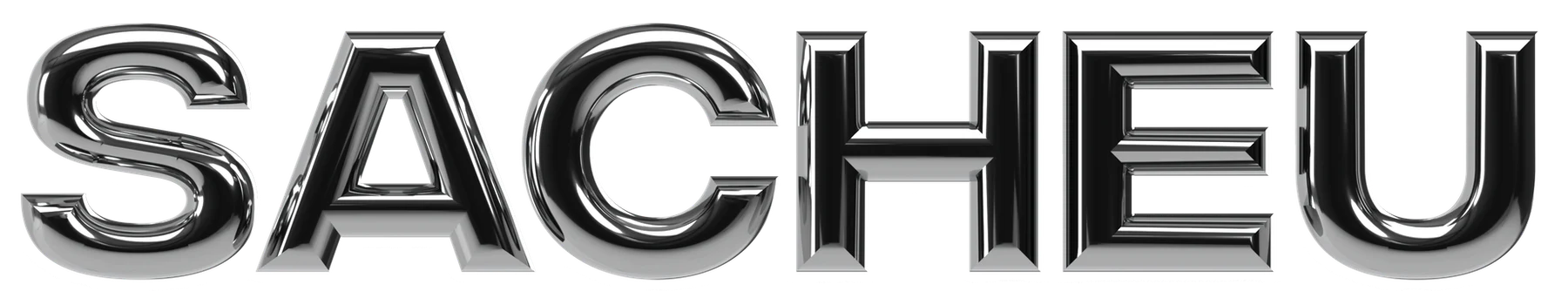 3D metallic silver text spelling "SACHEU" with reflective surface and shadow on a transparent background.