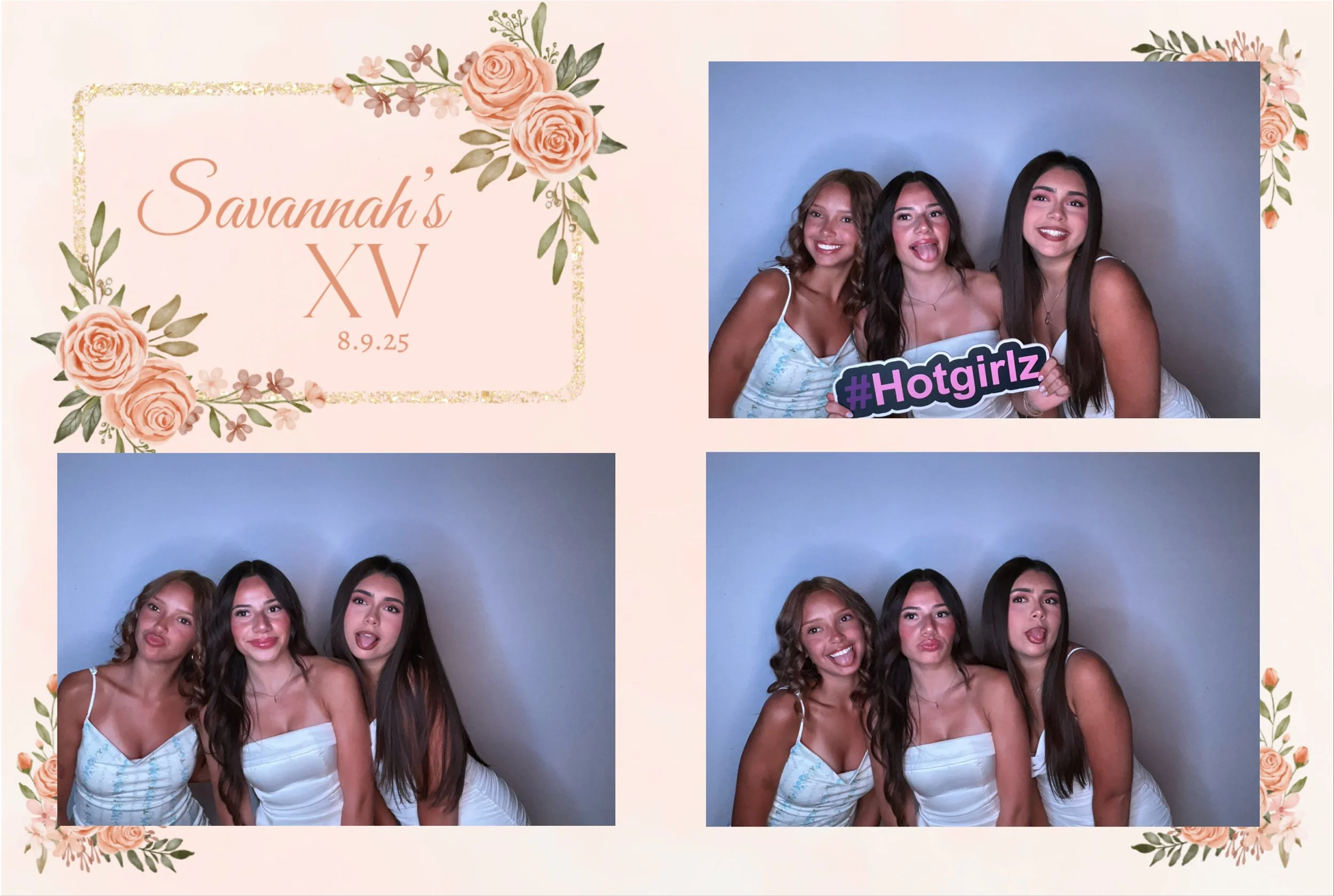 Photo collage of three women at Savannah's 15th birthday celebration on 8.9.25, with floral decorations and text overlay