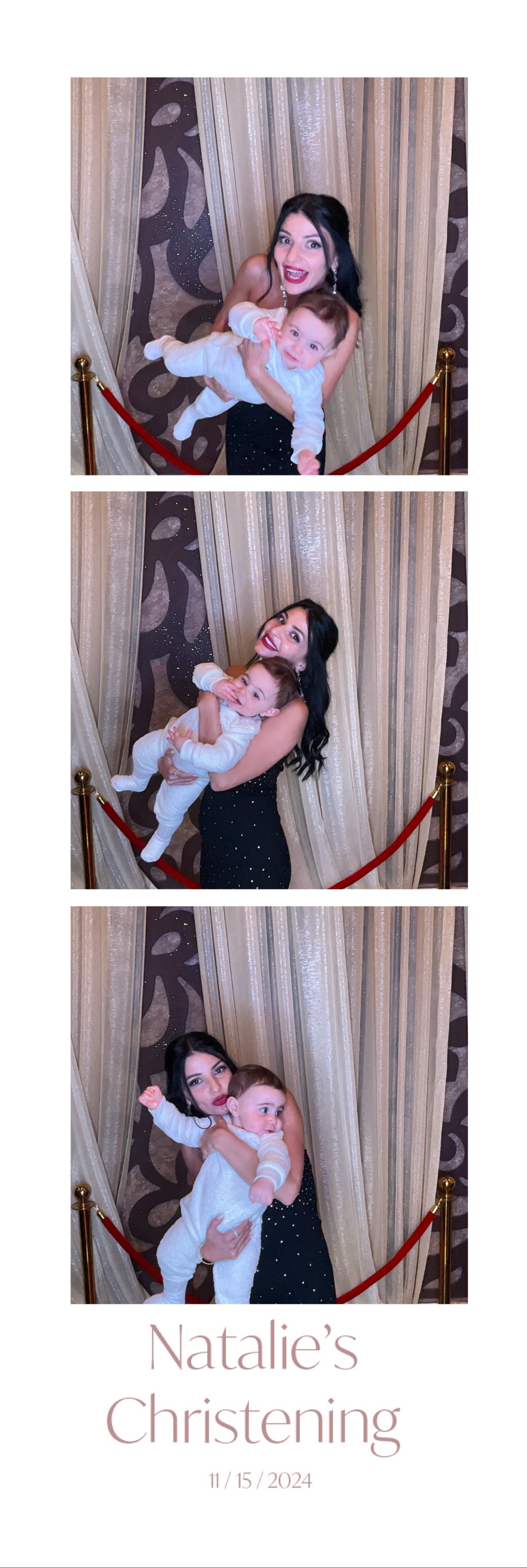 Three photos of a woman holding a baby in front of a decorative backdrop at Natalie's Christening on November 15, 2024, with the woman smiling and making playful faces.