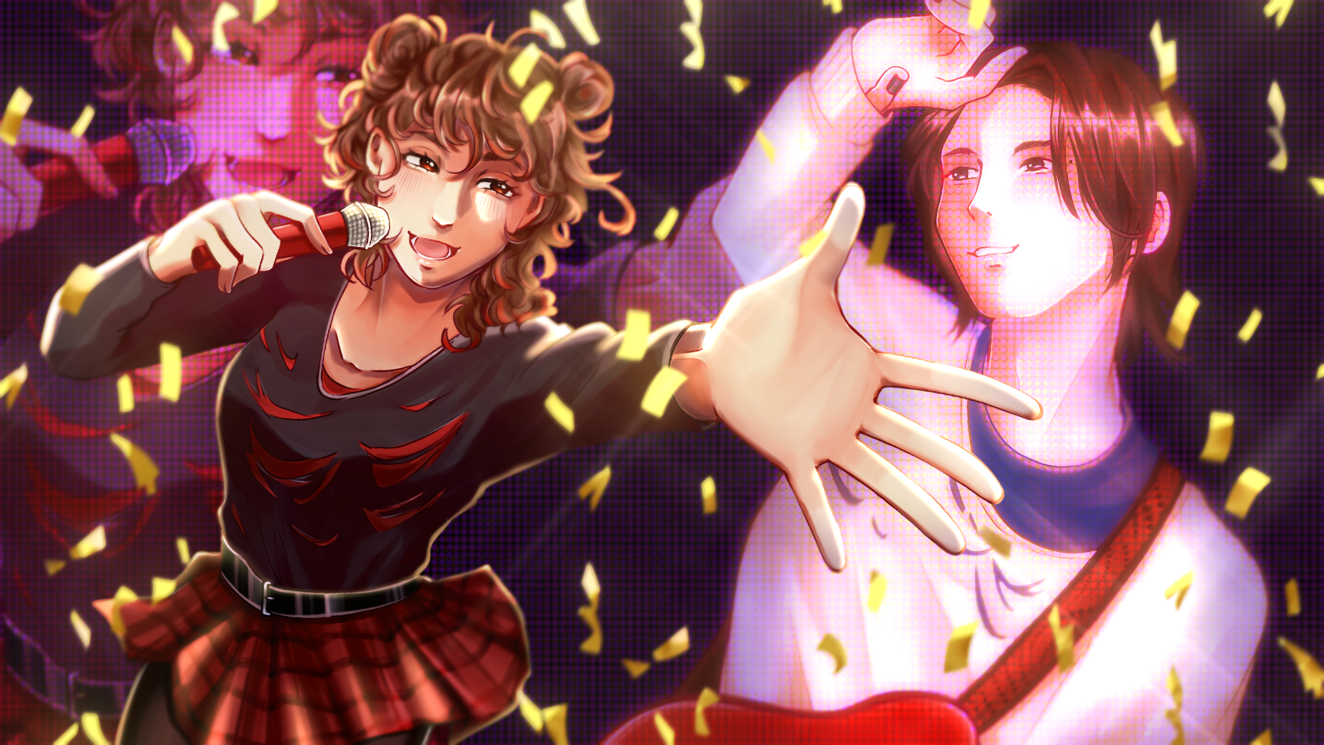 Anime-style illustration of a girl with curly hair singing into a microphone on stage with a male performer. The girl on stage is wearing a black top and red plaid skirt, while the male performer has long dark hair and is smiling with a hand raised. Gold confetti is falling around them, and a bright, colorful background is visible.