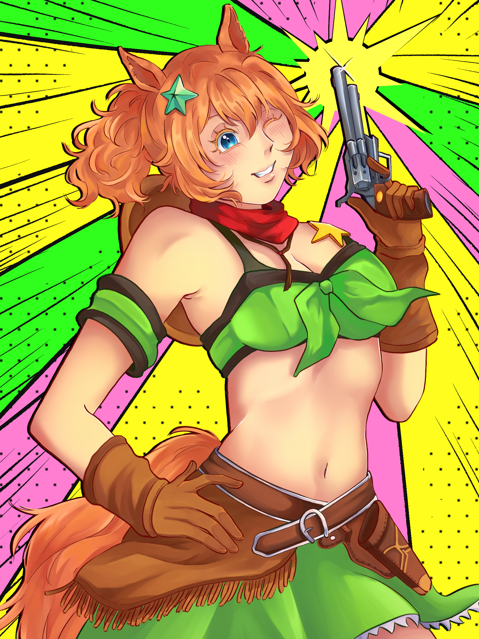 Anime-style girl with fox ears and tail, winking and smiling, holding a revolver, wearing a green and brown outfit with a star hair clip and a red scarf, posed against a colorful comic book-style background.