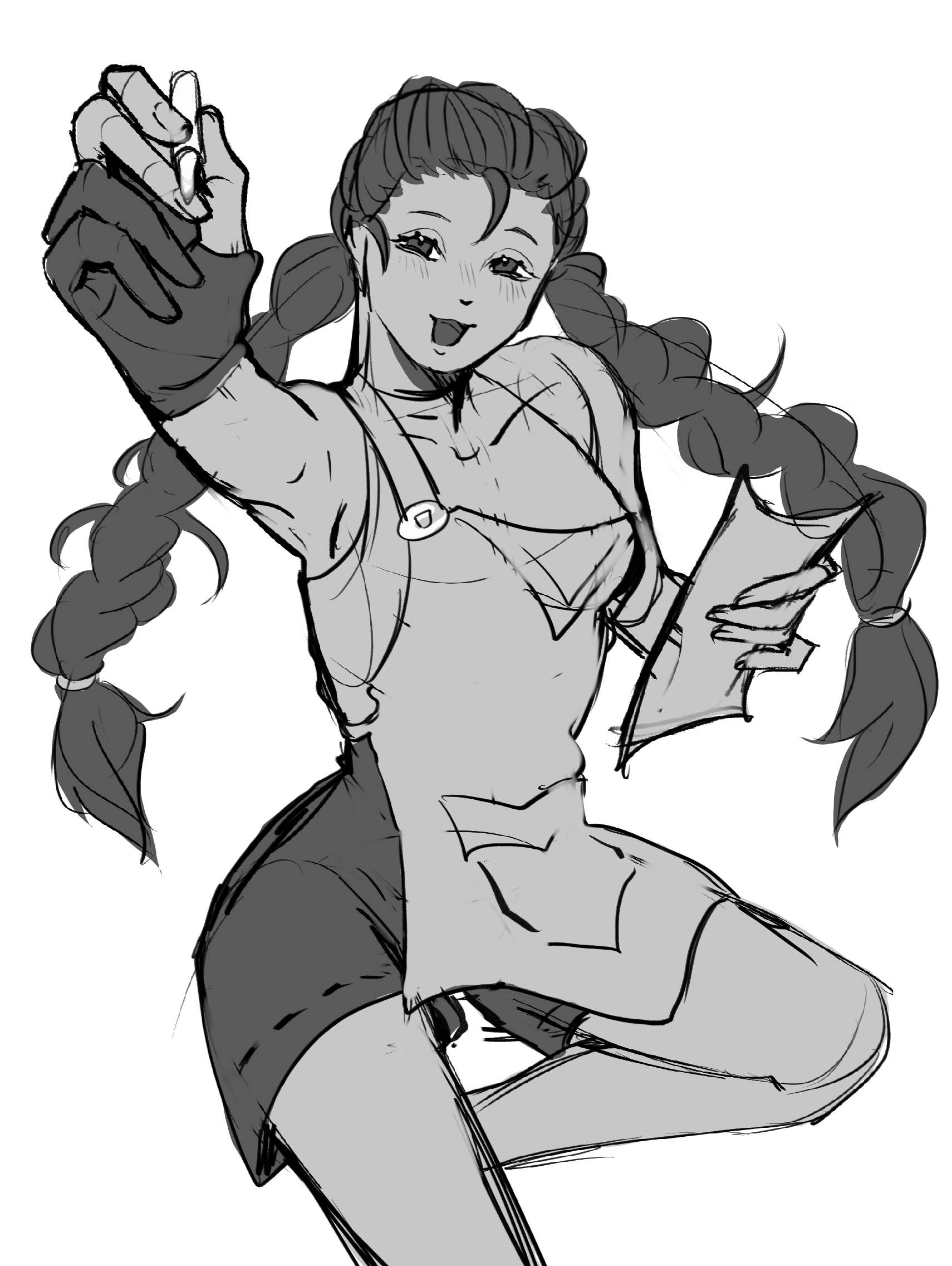 Black and white sketch of a cheerful woman with pigtails, holding a small object in one hand and a piece of paper in the other, wearing a casual outfit with a skirt.