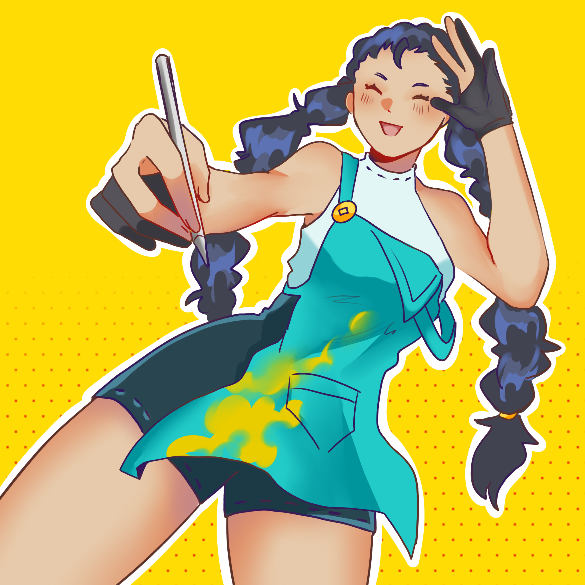 An animated woman with blue hair in braids, wearing a white top and turquoise apron, smiling and holding a pen, against a yellow background with red dots.