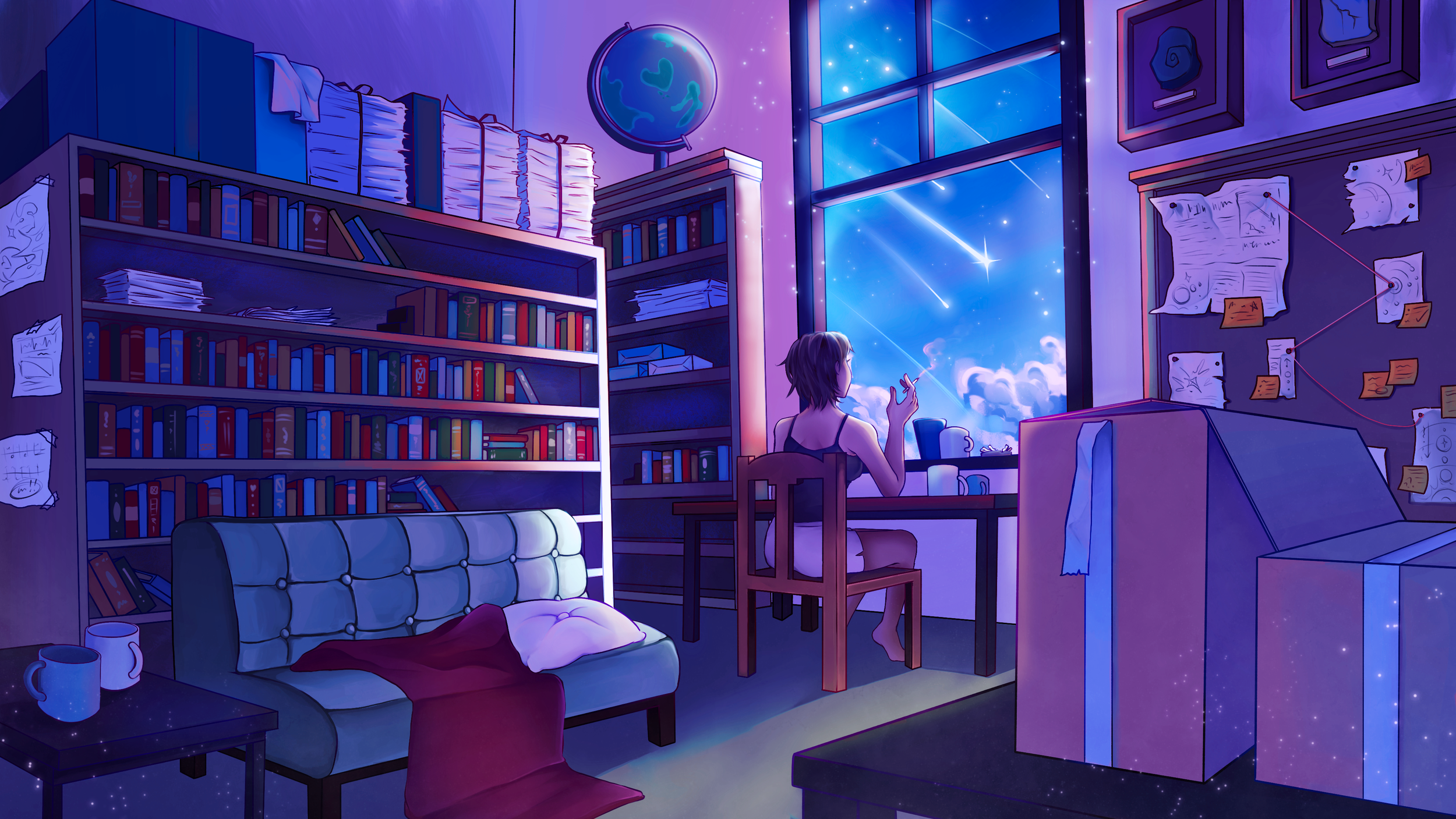 A girl sitting at a desk, gazing out a window at a starry night sky with shooting stars and planets, surrounded by bookshelves, a couch with a pillow, and boxes, in a cozy room illuminated by moonlight.