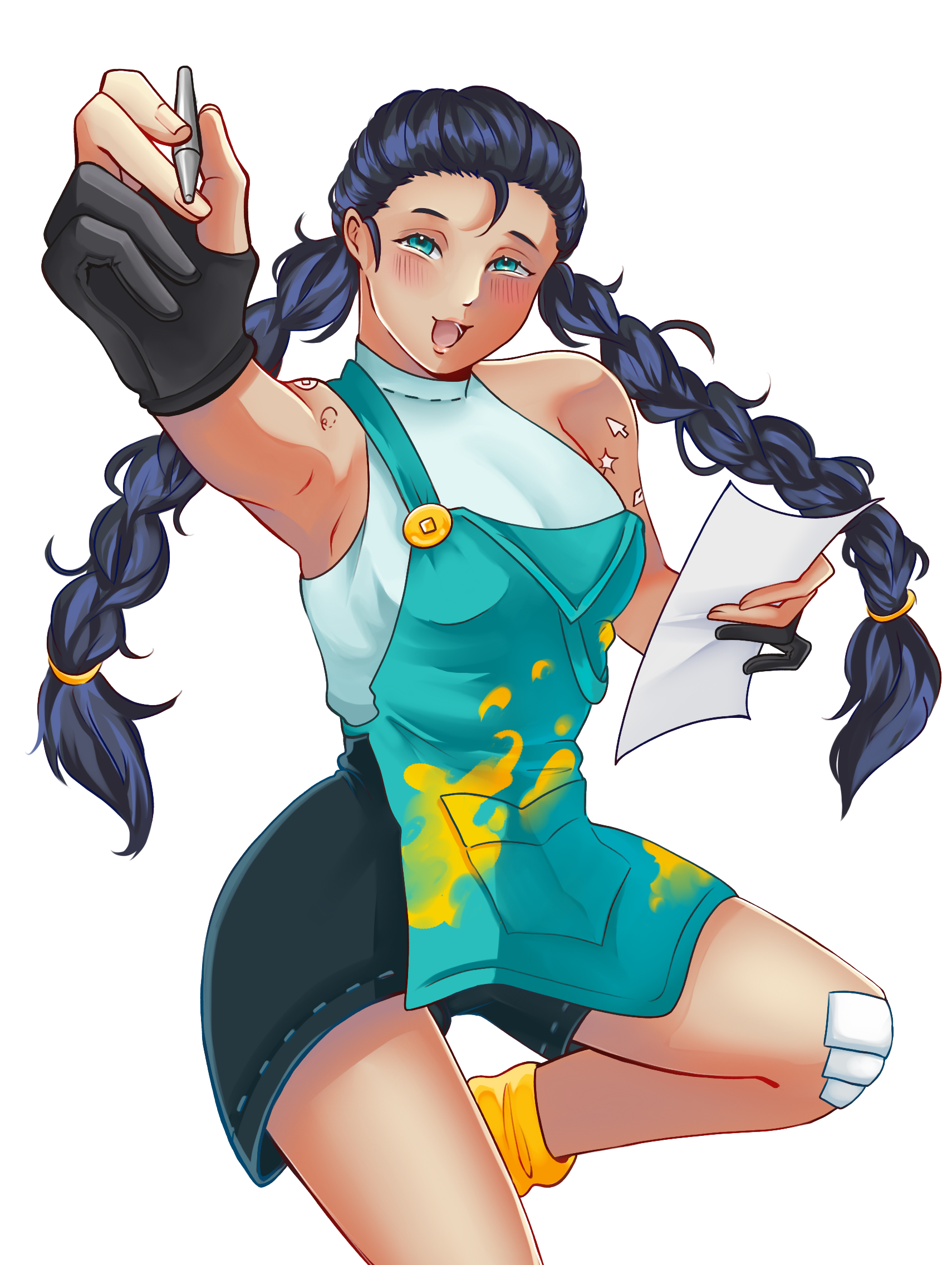 Anime-style girl with blue braided hair holding a pen and paper, wearing teal overalls and a white top, smiling with a winking expression.
