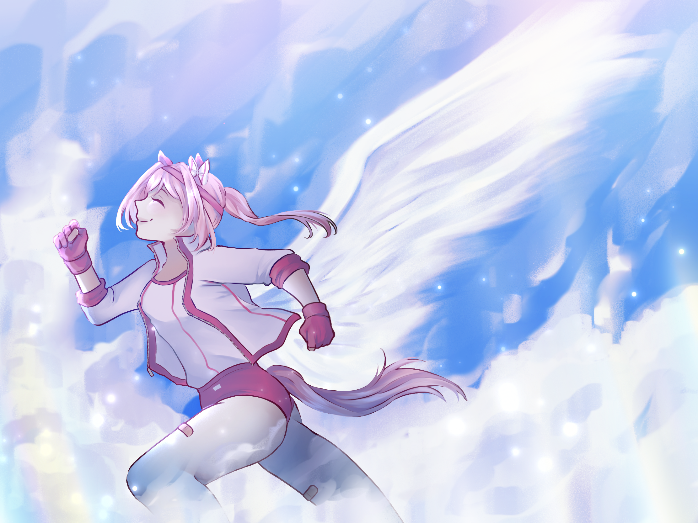 Anime-style girl with pink hair and horse ears flying through a bright, blue, cloudy sky with a trail of white behind her.