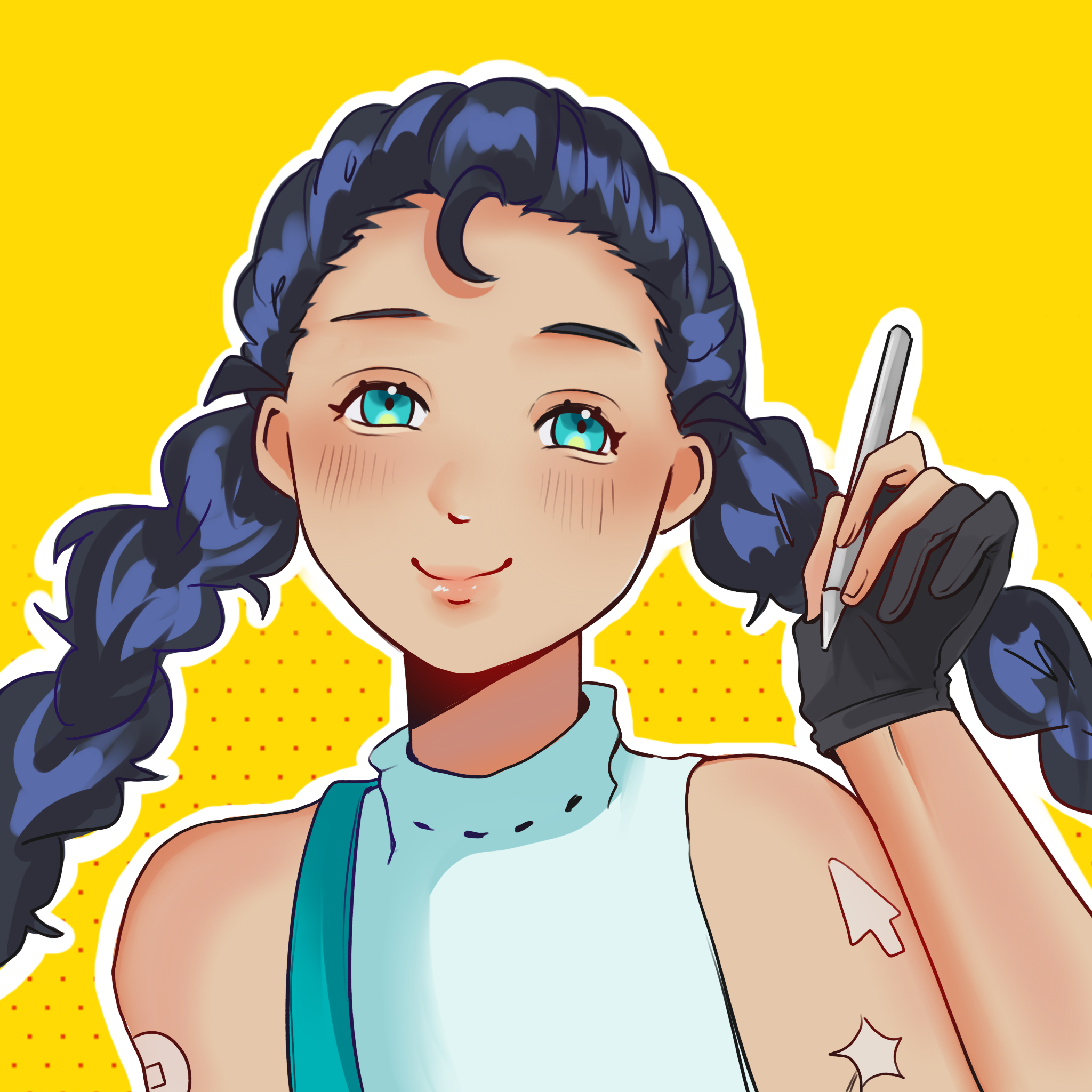 Cartoon of a young woman with blue braided hair, blue eyes, and tattoos, holding a stylus against a bright yellow background with red dots. She is wearing a white sleeveless top and black gloves, smiling gently.