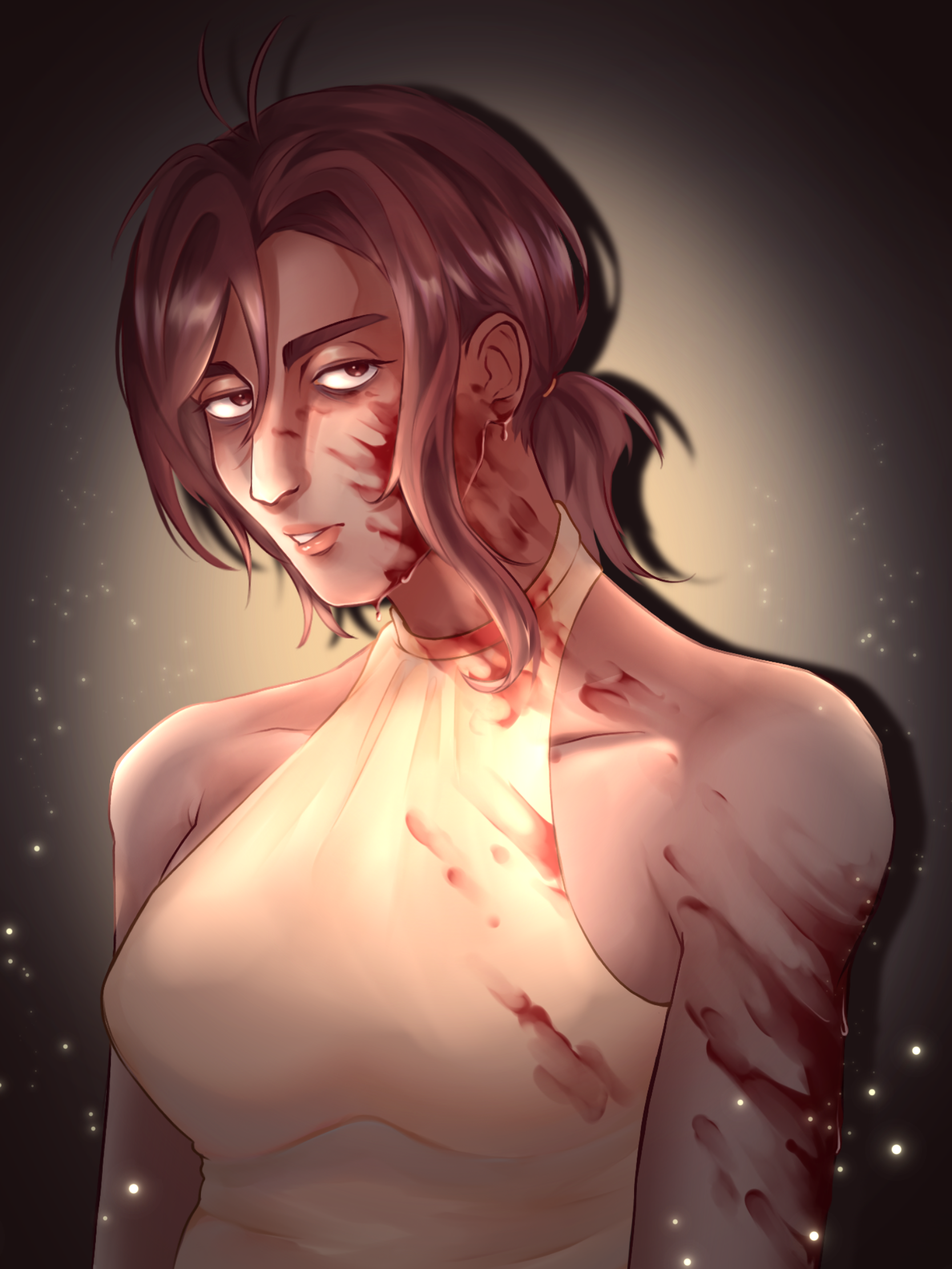 Digital artwork of a woman with short, reddish-brown hair, scars, and wounds on her face and body, glowing light from her chest, in a dark background.