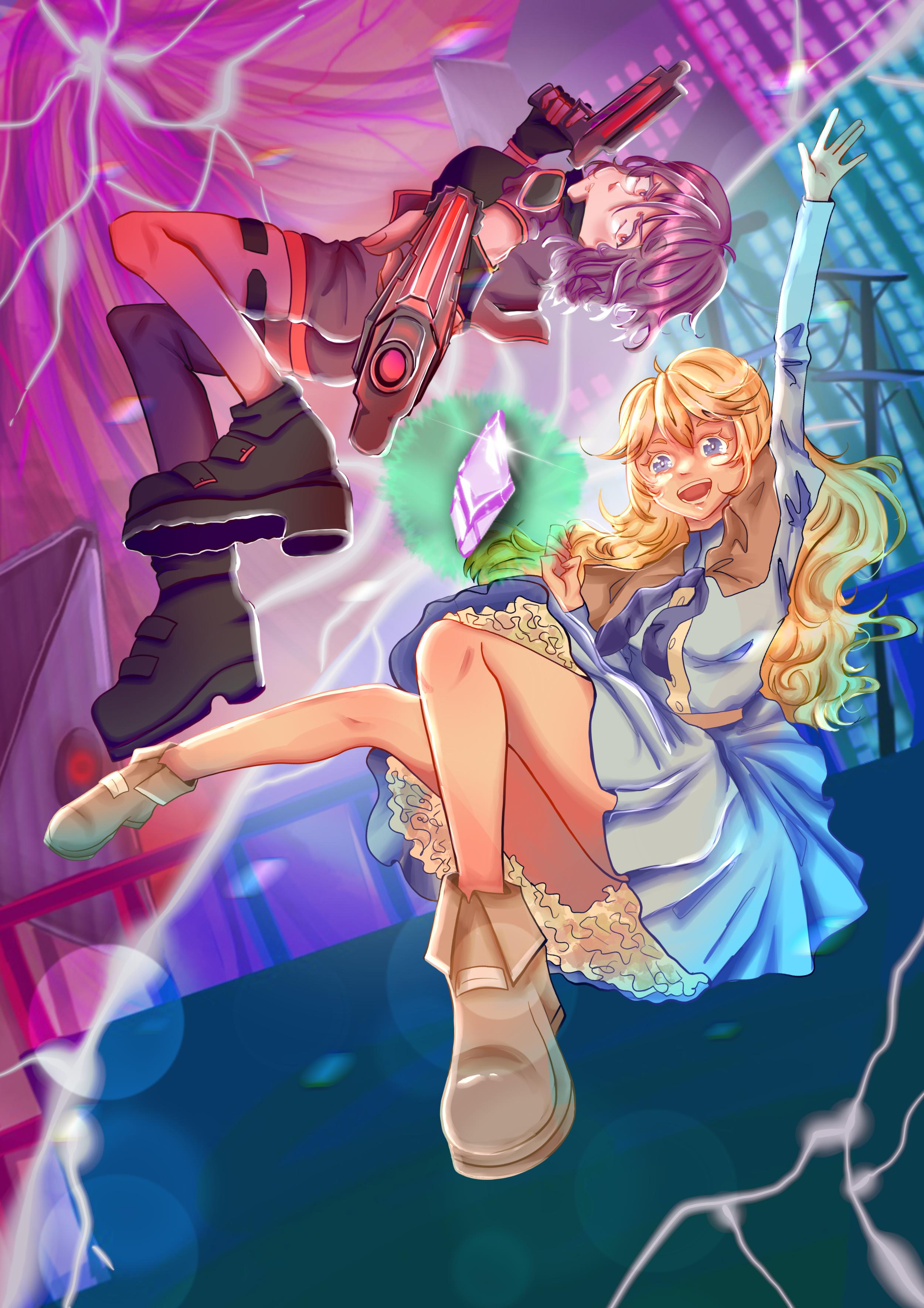 Anime-style illustration of two girls with vibrant hair colors in a neon-lit futuristic setting. One girl with purple hair is holding a large sci-fi gun, floating above the other girl with blonde hair who is smiling and reaching up.