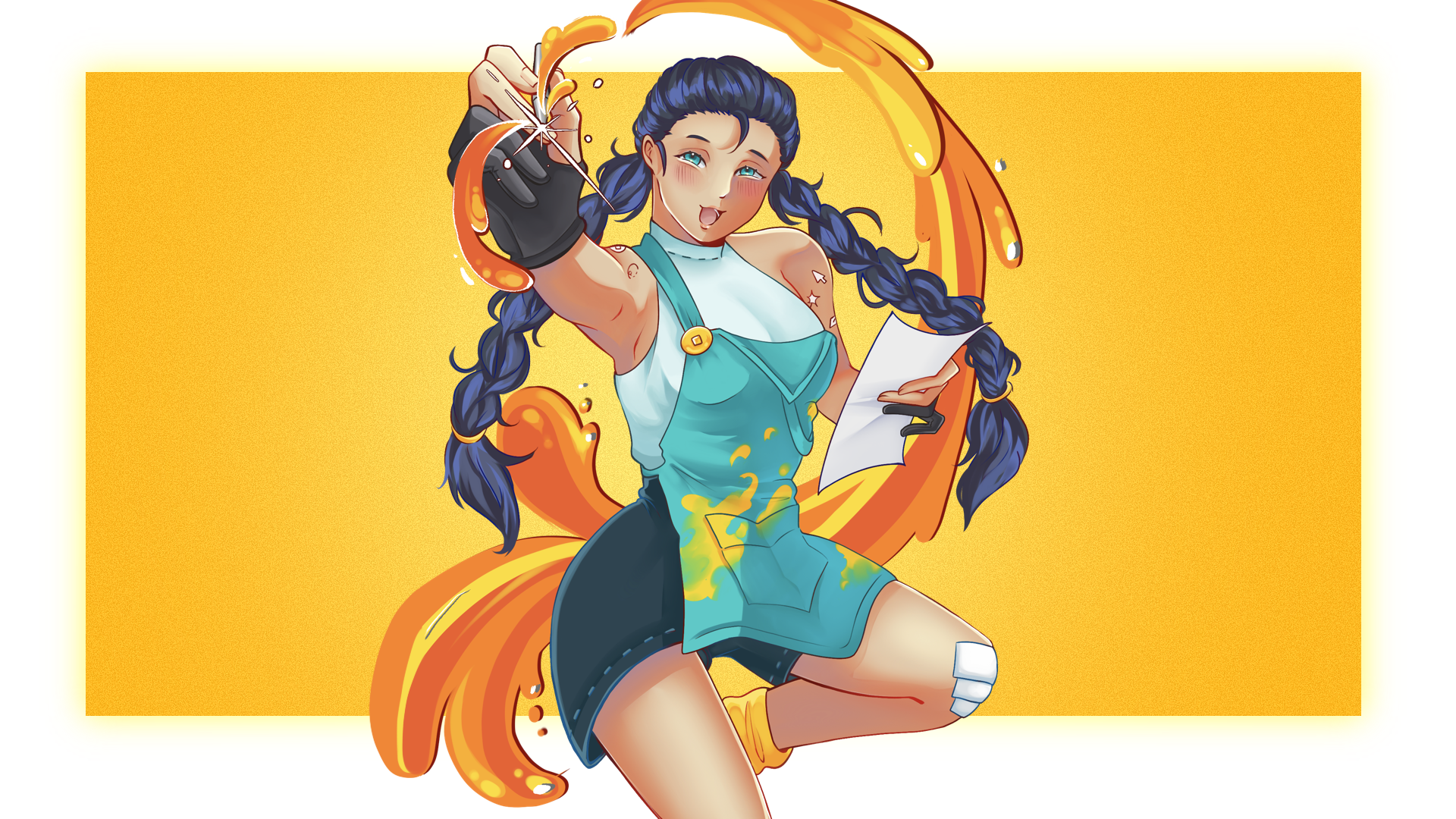 Anime-style girl with long dark blue braided hair, holding a paper and a spray bottle, surrounded by orange liquid splash, set against a yellow background.