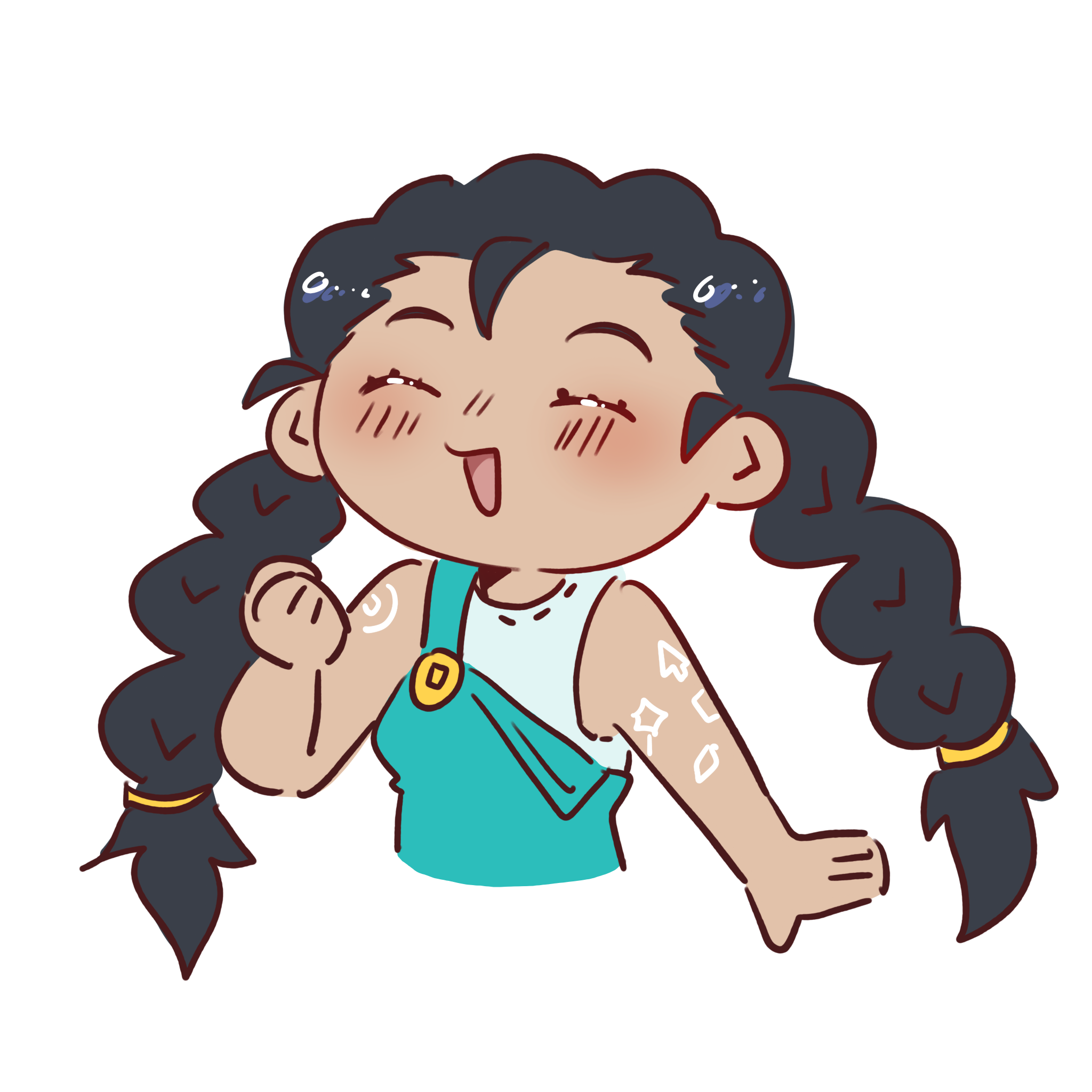 Cartoon girl with long dark curly hair in pigtails, smiling happily with eyes closed, holding her fist near her chest, wearing a teal dress with a white top, and decorated with small white sparkles and jewelry.
