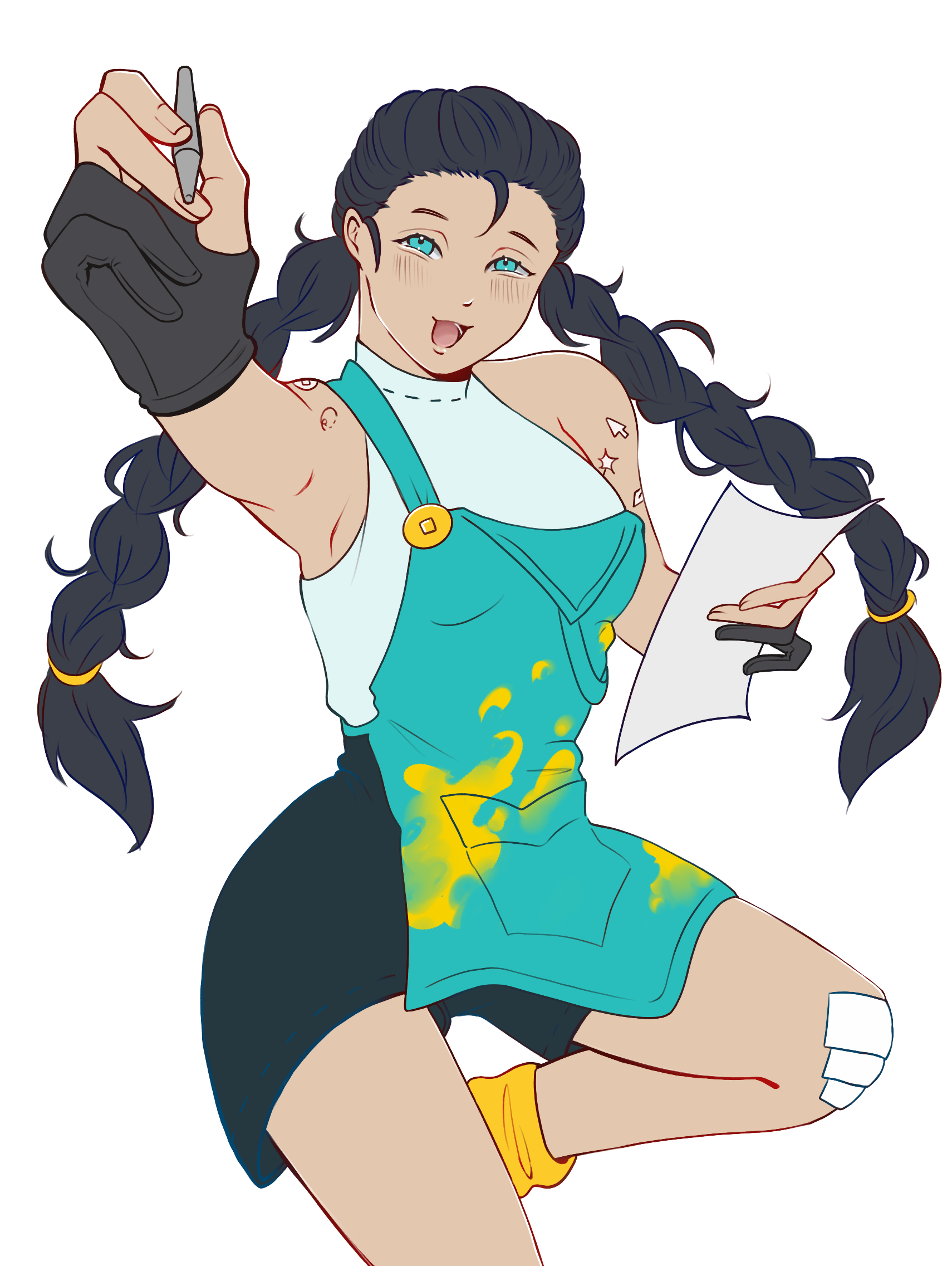 Anime-style girl with long braided dark hair, wearing a white top, teal overalls, and gloves, taking a selfie while holding a piece of paper, with a playful expression.