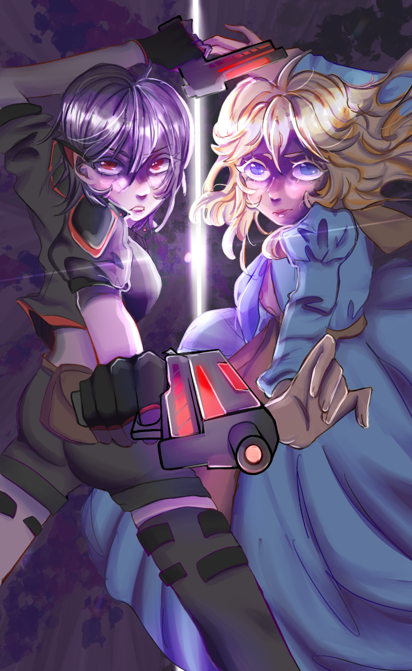 Two anime-style characters, one with purple hair and the other with blonde hair, wield guns and are facing each other, with a glowing energy between them in a dark background.