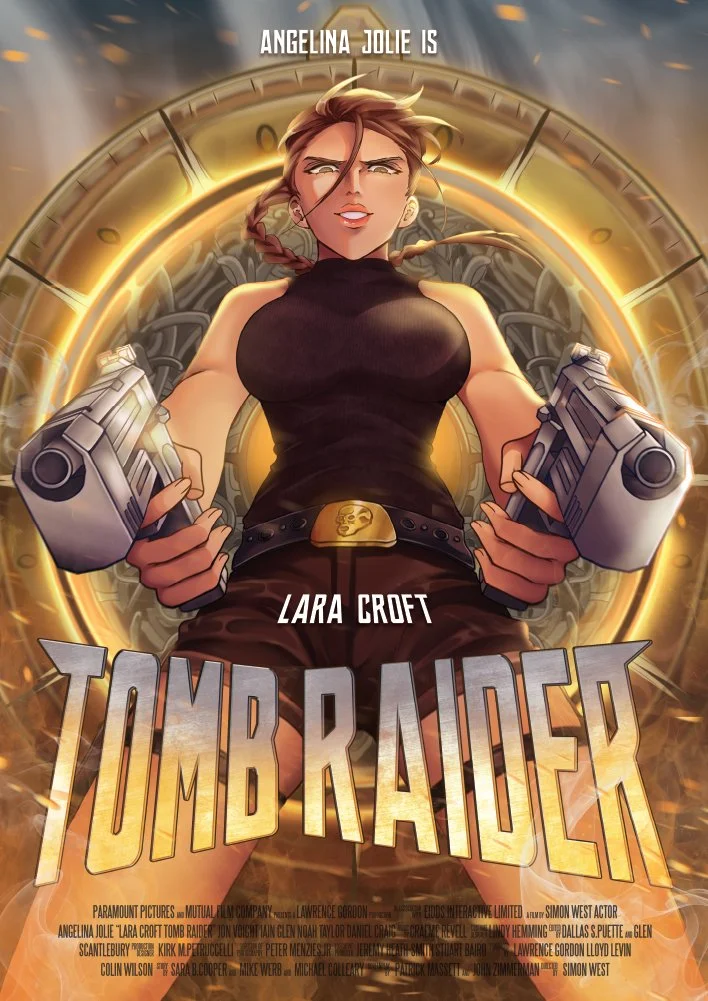 Illustrated movie poster for 'Tomb Raider' featuring Lara Croft holding two guns with a determined expression, set against a circular, glowing background with clock elements, referencing Angelina Jolie.