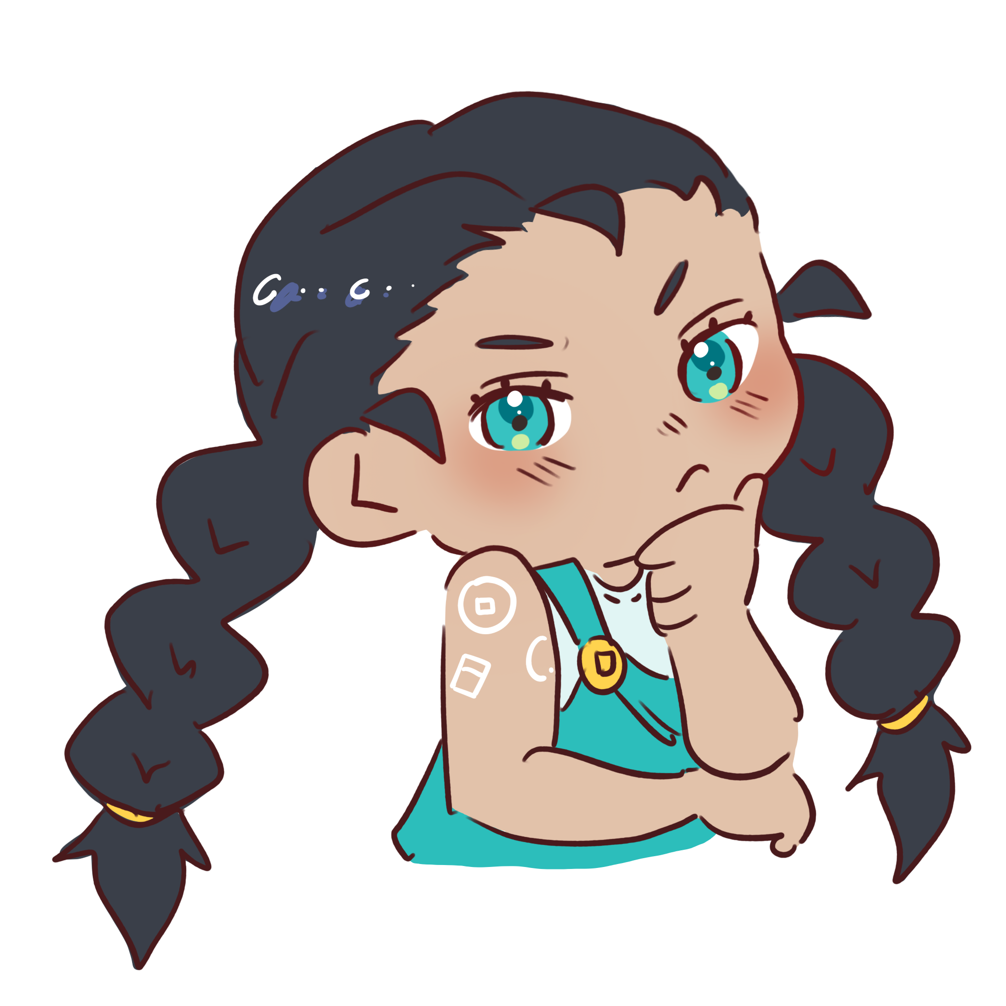 Anime-style girl with large blue eyes, black braids with yellow hair bands, light skin, wearing a blue top and white tank top, thinking with hand on chin, tattoos on arm, against black and white background.