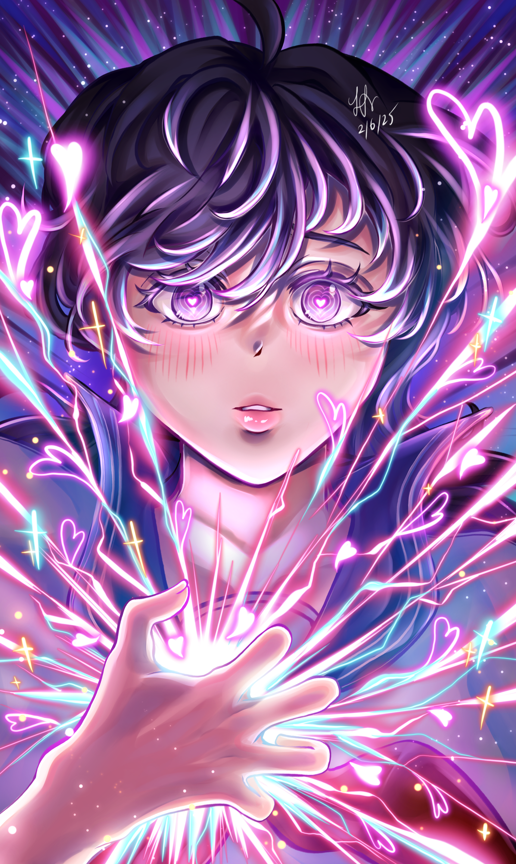 Anime-style girl with purple hair, glowing purple heart-shaped eyes, blushing cheeks, and slightly parted lips, holding her hand out with energy and colorful heart-shaped light effects surrounding her, set against a vibrant cosmic background.