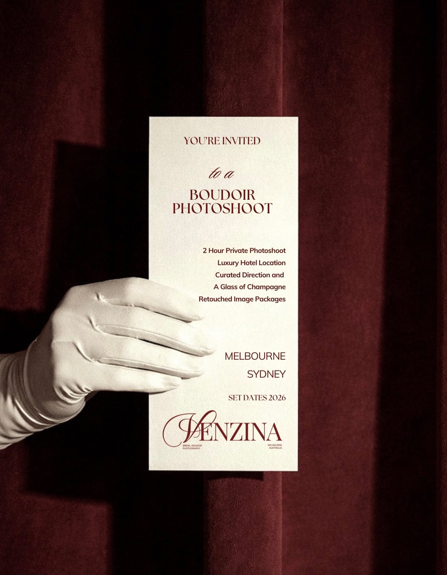 💌 YOU&rsquo;RE INVITED 💌

✨ BOUDOIR PHOTOSHOOT ✨
- 2 Hour Private Photoshoot
- Luxury Hotel Location
- Curated Direction
- A Glass of Champagne
- Retouched Image Packages

MELBOURNE | SYDNEY | SET DATES

Dm for all the info 😍💌