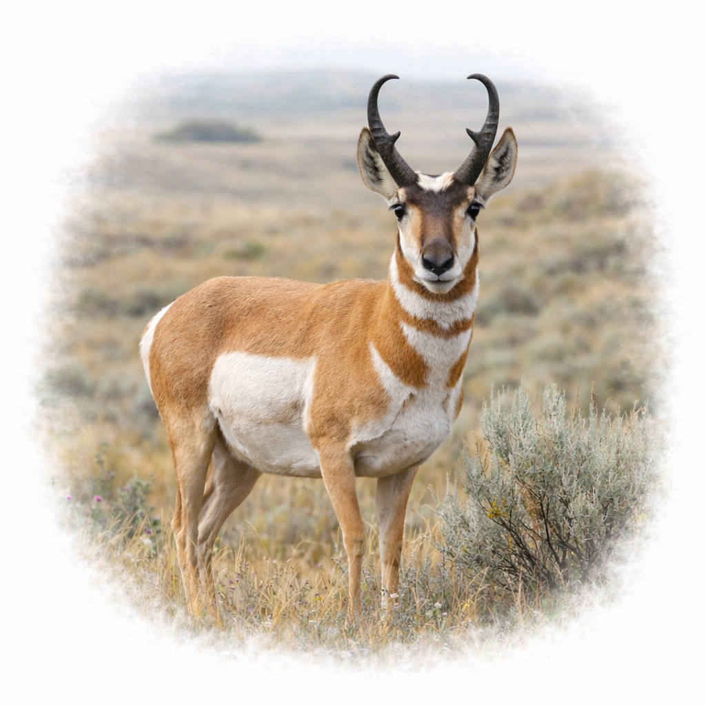 A pronghorn antelope standing in a grassy field with a blurred landscape background.