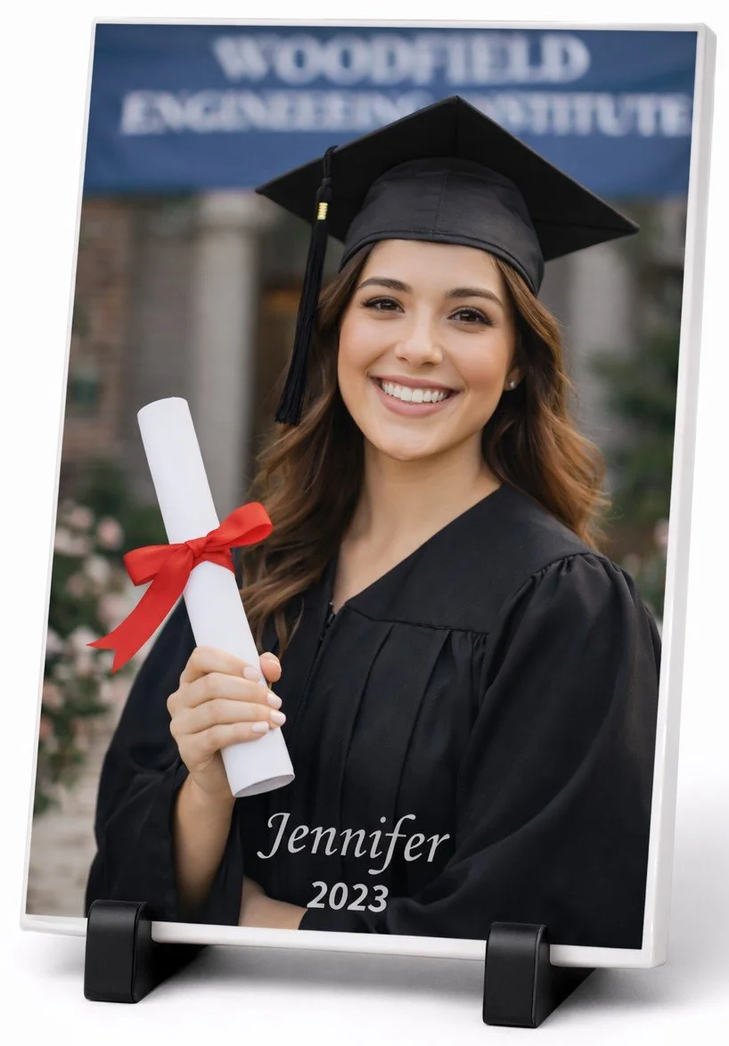 A smiling young woman in a graduation cap and gown holding a diploma with a red ribbon, during her graduation ceremony, with a banner displaying 'Woodfield Engineering Institute' in the background, and the text 'Jennifer 2023' at the bottom of the photo.