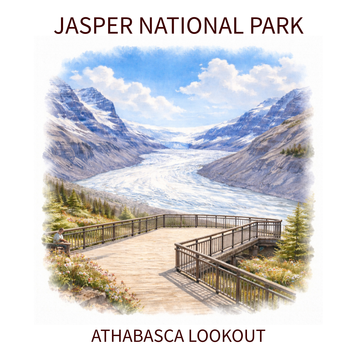 Scenic view of Jasper National Park featuring snow-capped mountains, a river, and a wooden lookout platform with a person sitting on a bench.