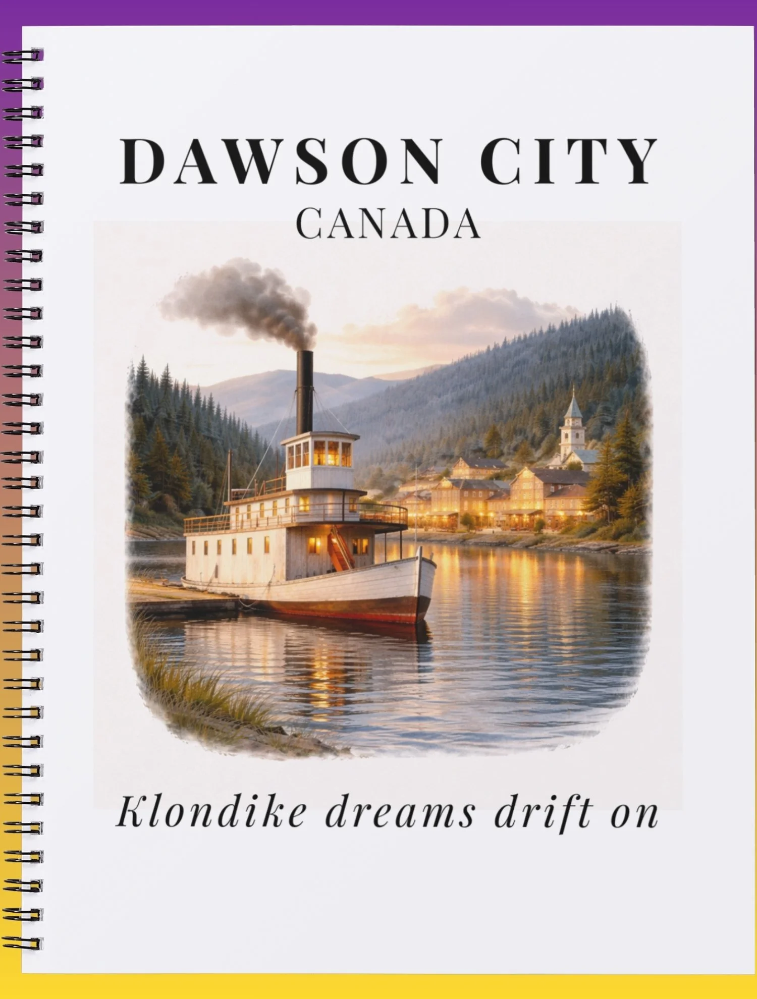 Notebook cover featuring a Dawson City riverboat on a lake surrounded by mountains and trees, with buildings and a church in the background, labeled “Dawson City Canada – Klondike dreams drift on.” A perfect Yukon‑inspired travel journal.