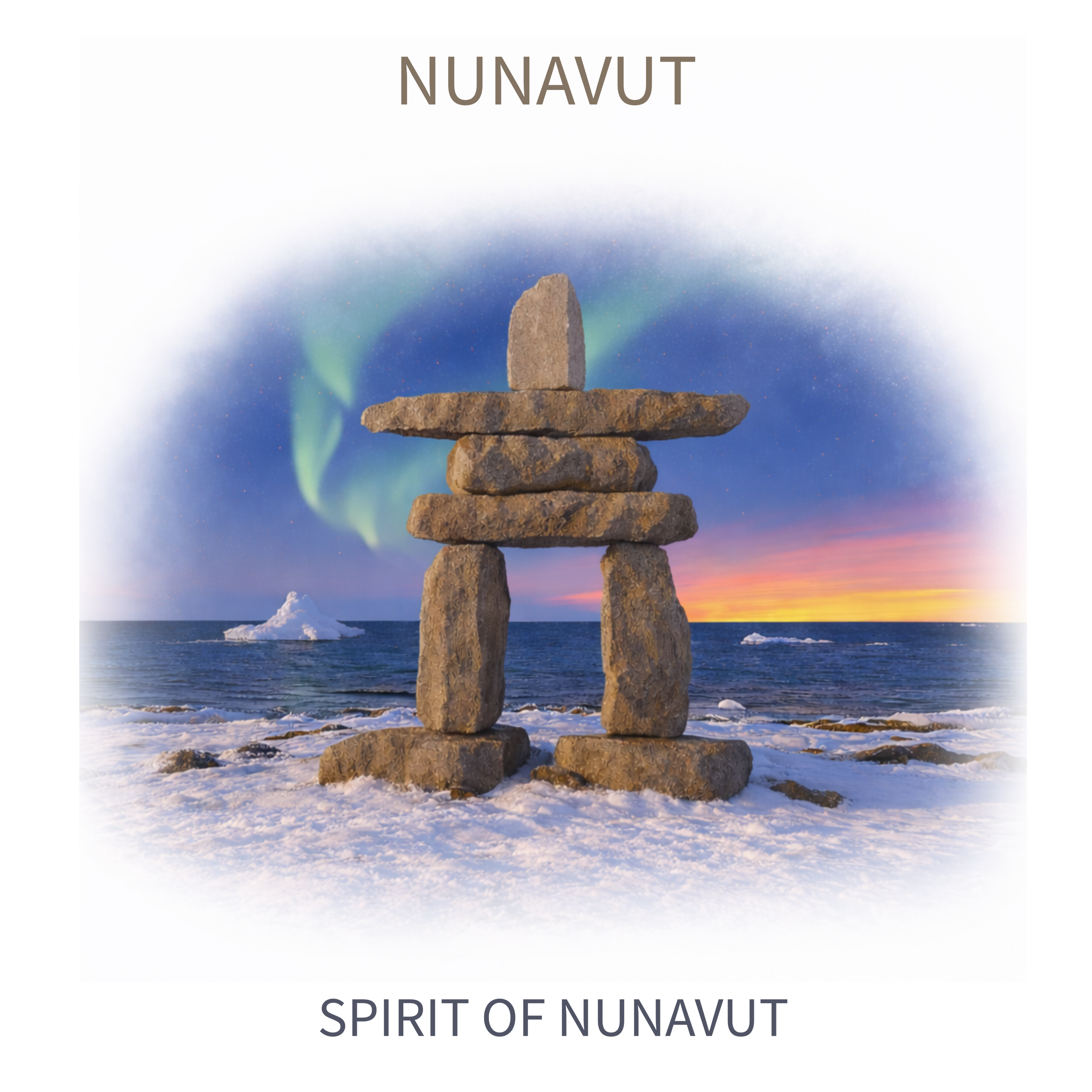 Inukshuk made of stacked rocks on a snowy beach at sunset, with the Northern Lights in the sky and iceberg in the ocean, representing the spirit of Nunavut.