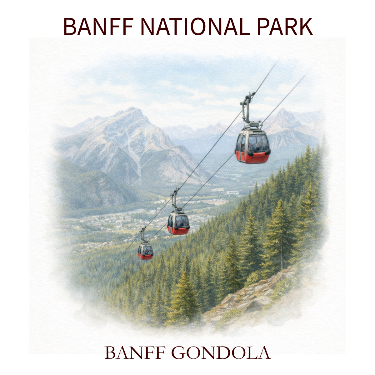 Image of cable cars ascending over a forested mountainside at Banff National Park, with mountains in the background.
