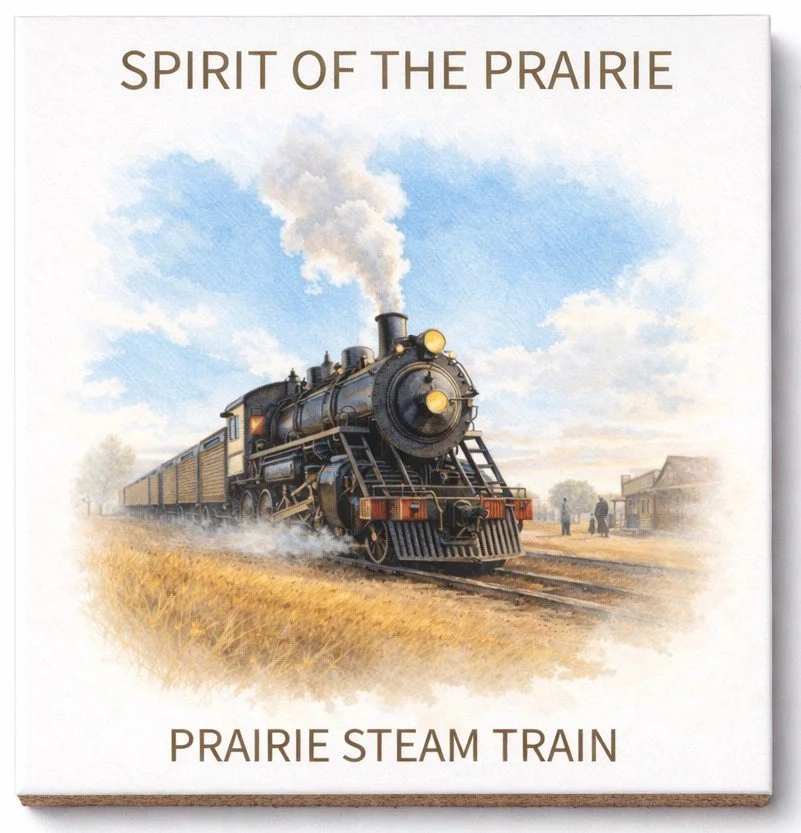 A ceramic coaster with a Painting of a vintage steam train traveling through a prairie landscape with a blue sky and clouds, and a few people and buildings in the background.